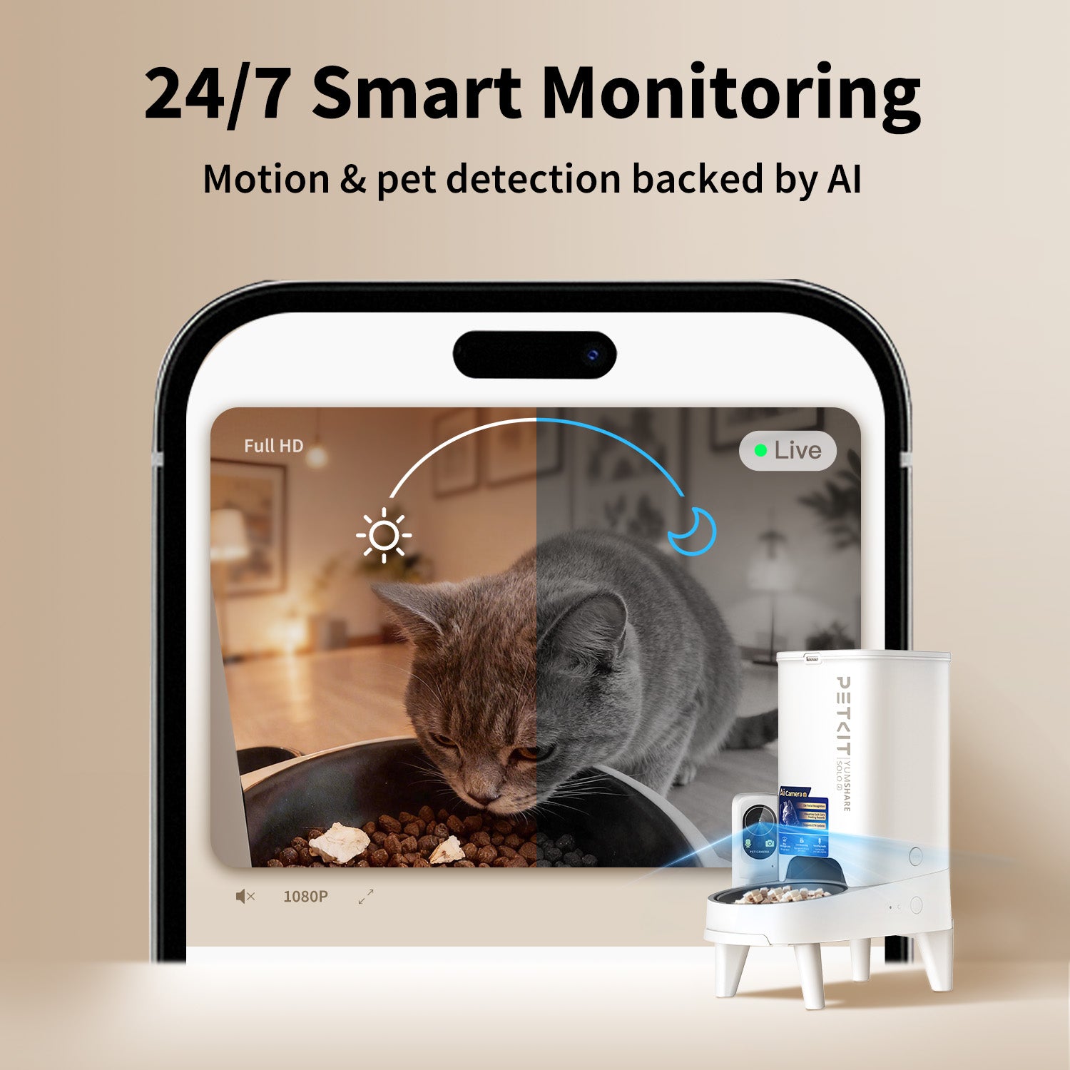 YumShare Solo 2 automatic cat feeder with built-in camera showing 24/7 live monitoring in both daytime and night vision modes