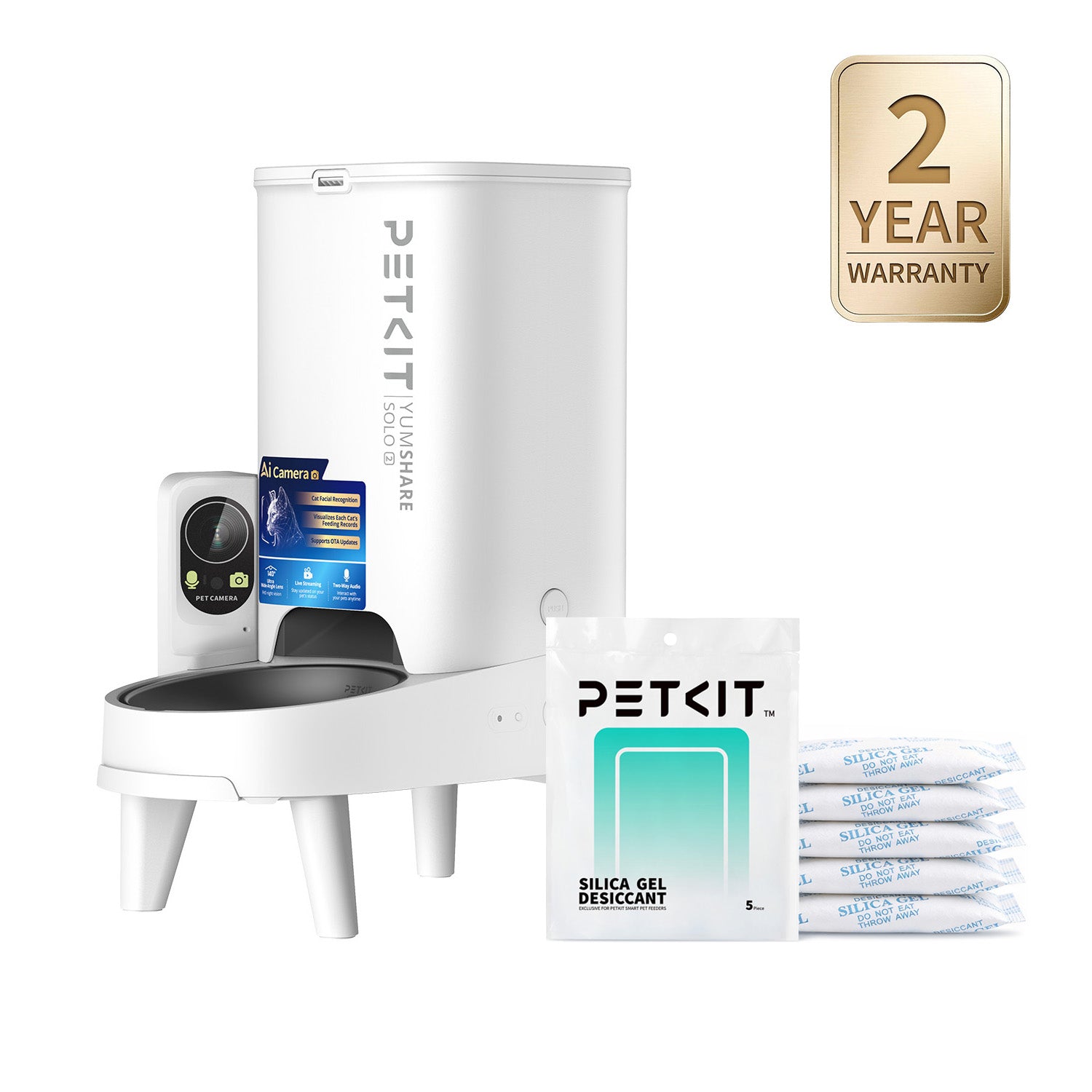 PETKIT YumShare Solo 2 with camera automatic cat feeder paired with PETKIT desiccant packs, showing the complete freshness bundle set