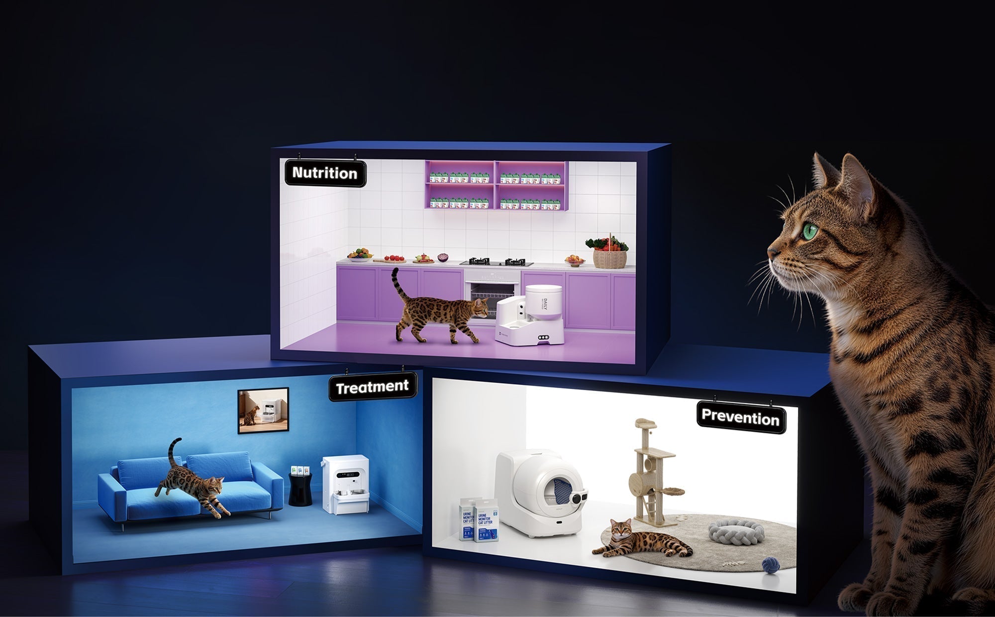 PETKIT's integrated cat care system: self-cleaning litter box, water fountain, and automatic feeder at Interzoo 2026.