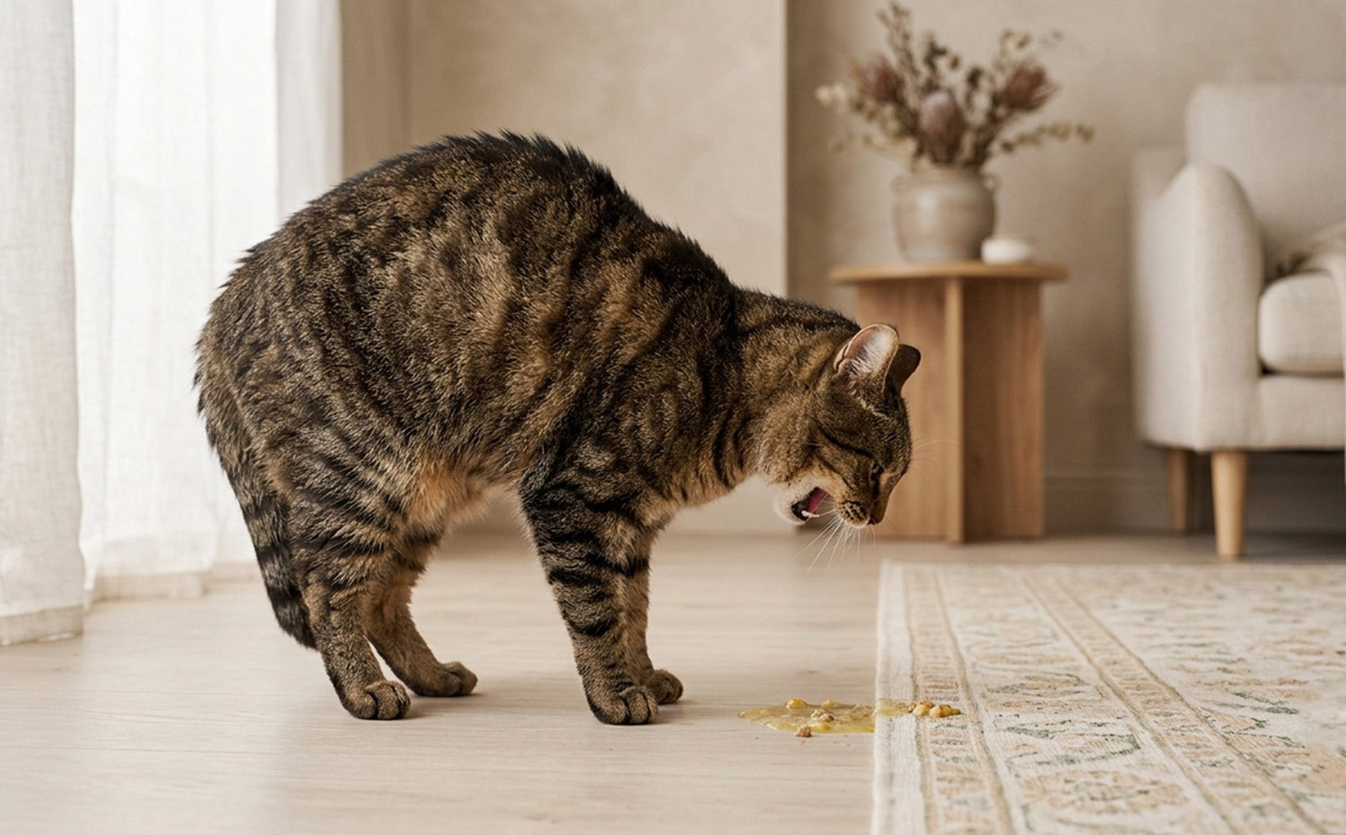 A cat vomiting at home illustrating missed vomiting events before PETKIT AI Vomiting Detection feature launches in July 2026