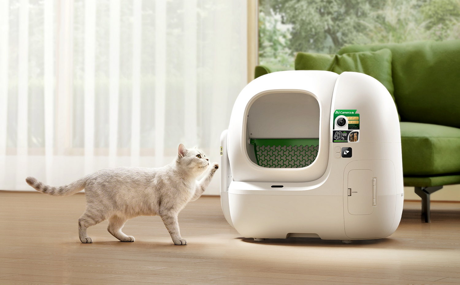 Cat standing near an automatic cleaning litter box in a bright, cozy living room, illustrating how an automatic litter box cares for pets' daily lives while keeping the home clean.