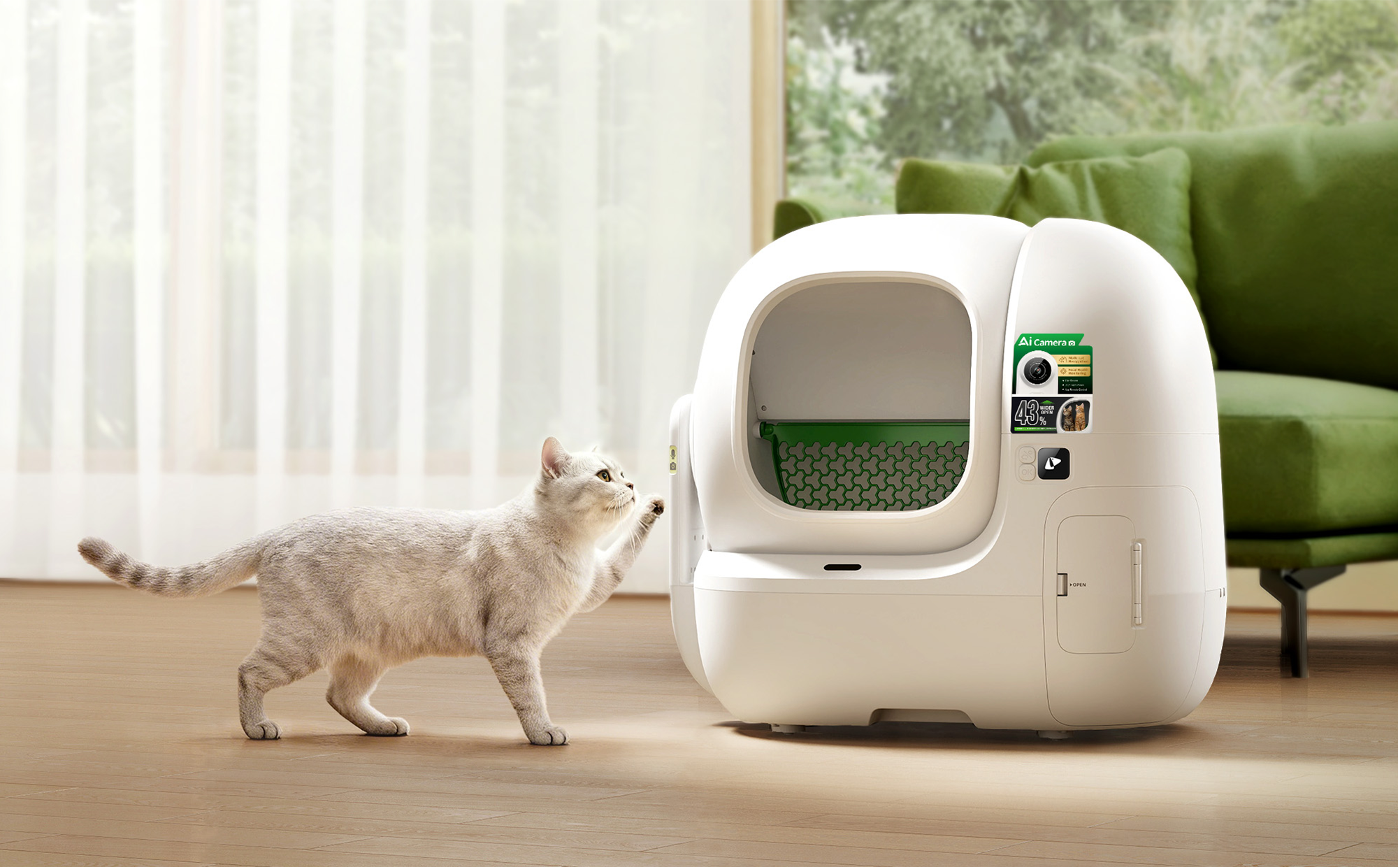 Cat standing near an automatic cleaning litter box in a bright, cozy living room, illustrating how an automatic litter box cares for pets' daily lives while keeping the home clean.
