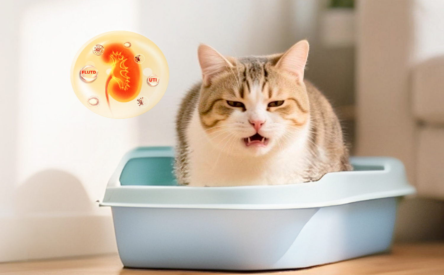Cat urinary health guide showing urinary crystals and blockage warning signs, with automatic litter box and water fountain monitoring cat urination and hydration