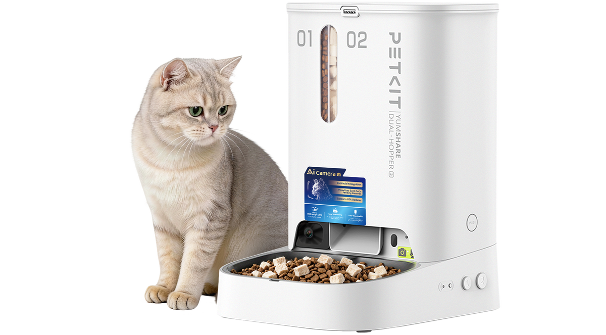 PETKIT YumShare Dual-hopper 2 Automatic Feeder with Camera with a cat on a plain white background.