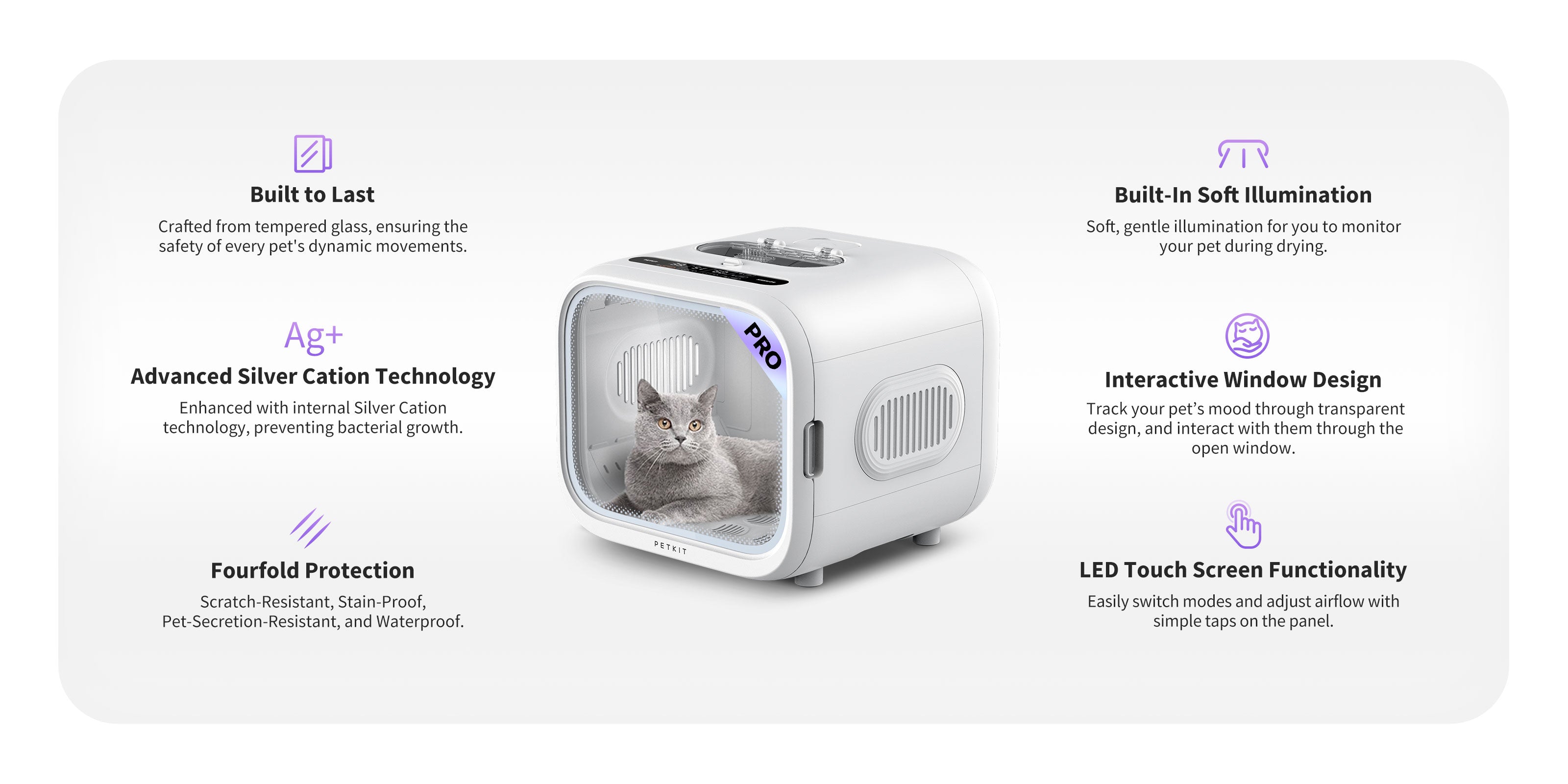 AirSalon Max Pro Pet Dryer Box built with tempered glass, soft illumination, silver cation antibacterial technology, scratch-resistant, stain-proof, waterproof, and interactive window design