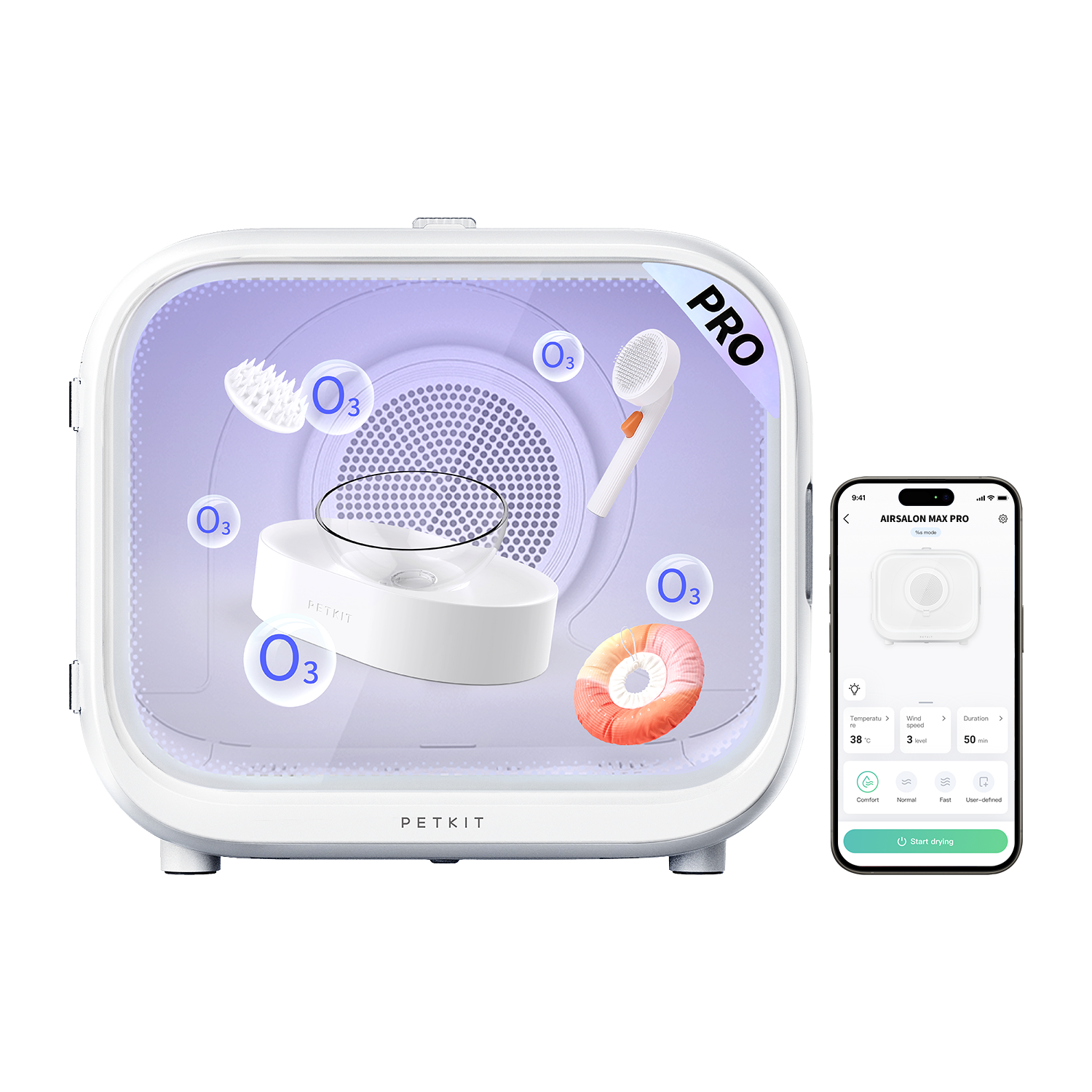AirSalon Max Pro Pet Dryer Box with smart app control, allowing pet owners to monitor box usage via mobile app