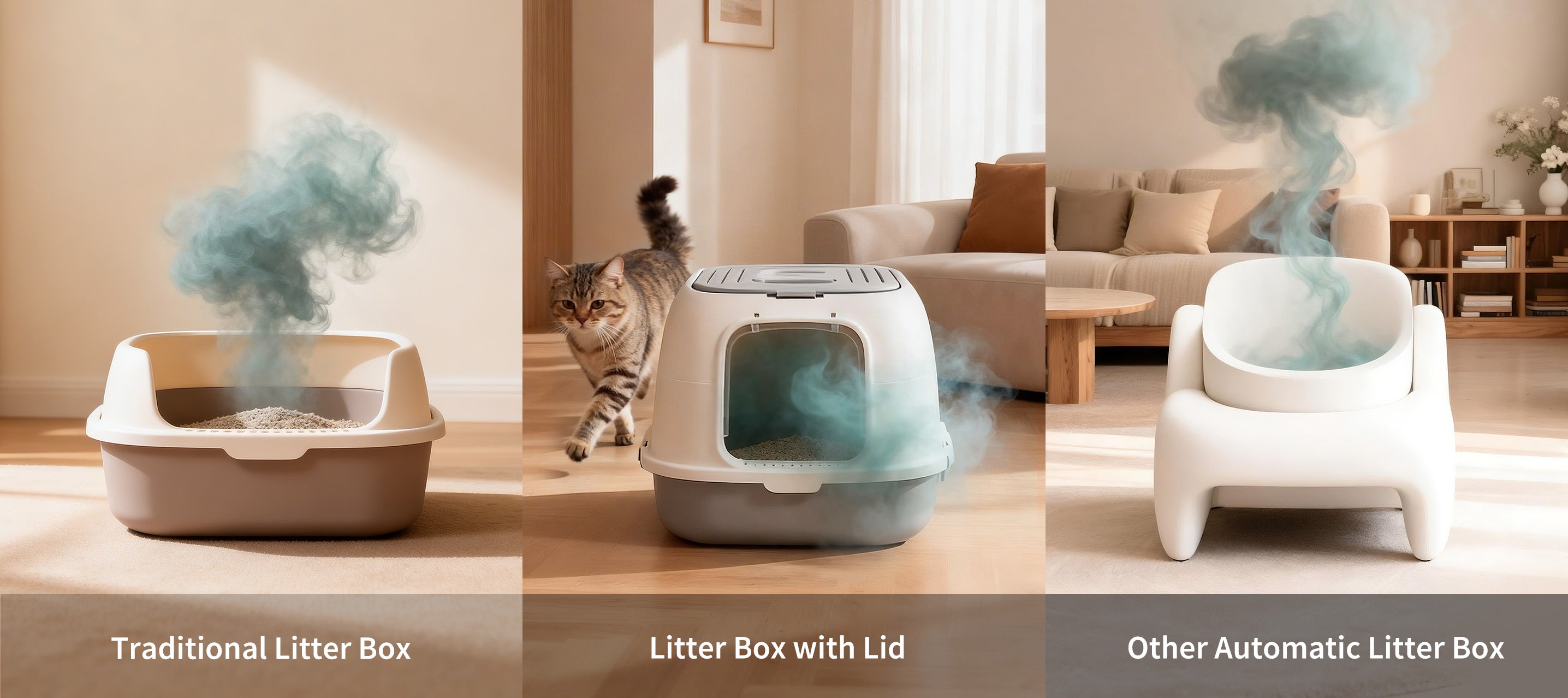 odor issues in traditional litter box, covered litter box and other automatic litter boxes in home environments