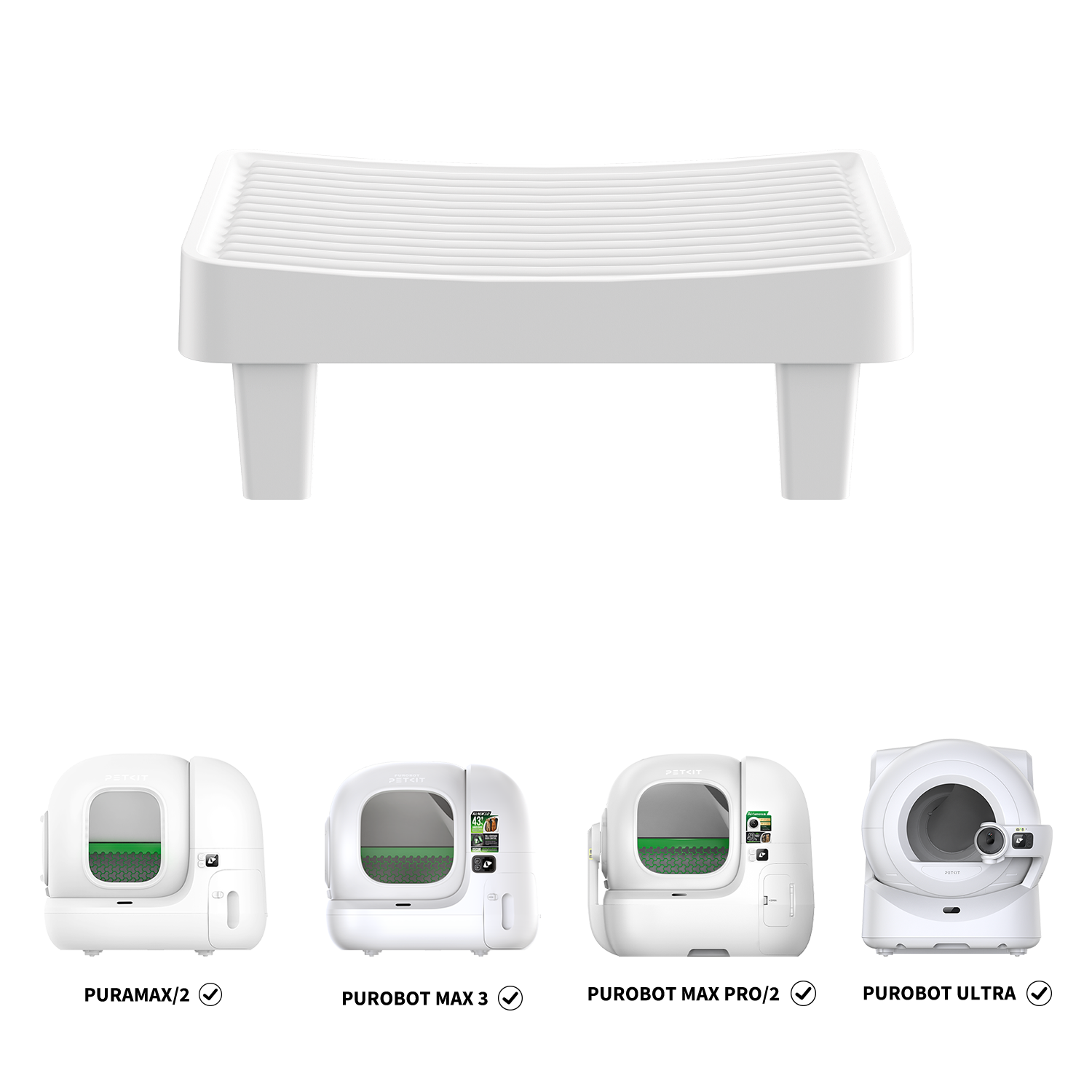 Easy step pedal displayed with compatible PETKIT litter boxes including Purobot Ultra, Purobot Max Pro, Purobot Max Pro 2, Purobot Max 3, PuraMax, and PuraMax 2, designed for easier entry and exit