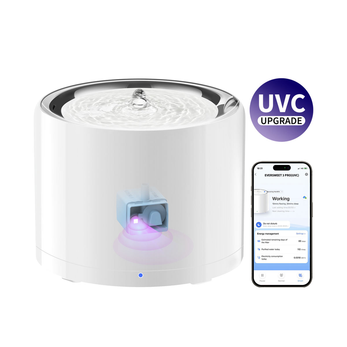 PETKIT EverSweet 3 Pro UVC พร้อมปั๊มไร้สายในถังและหน้าจอแอป