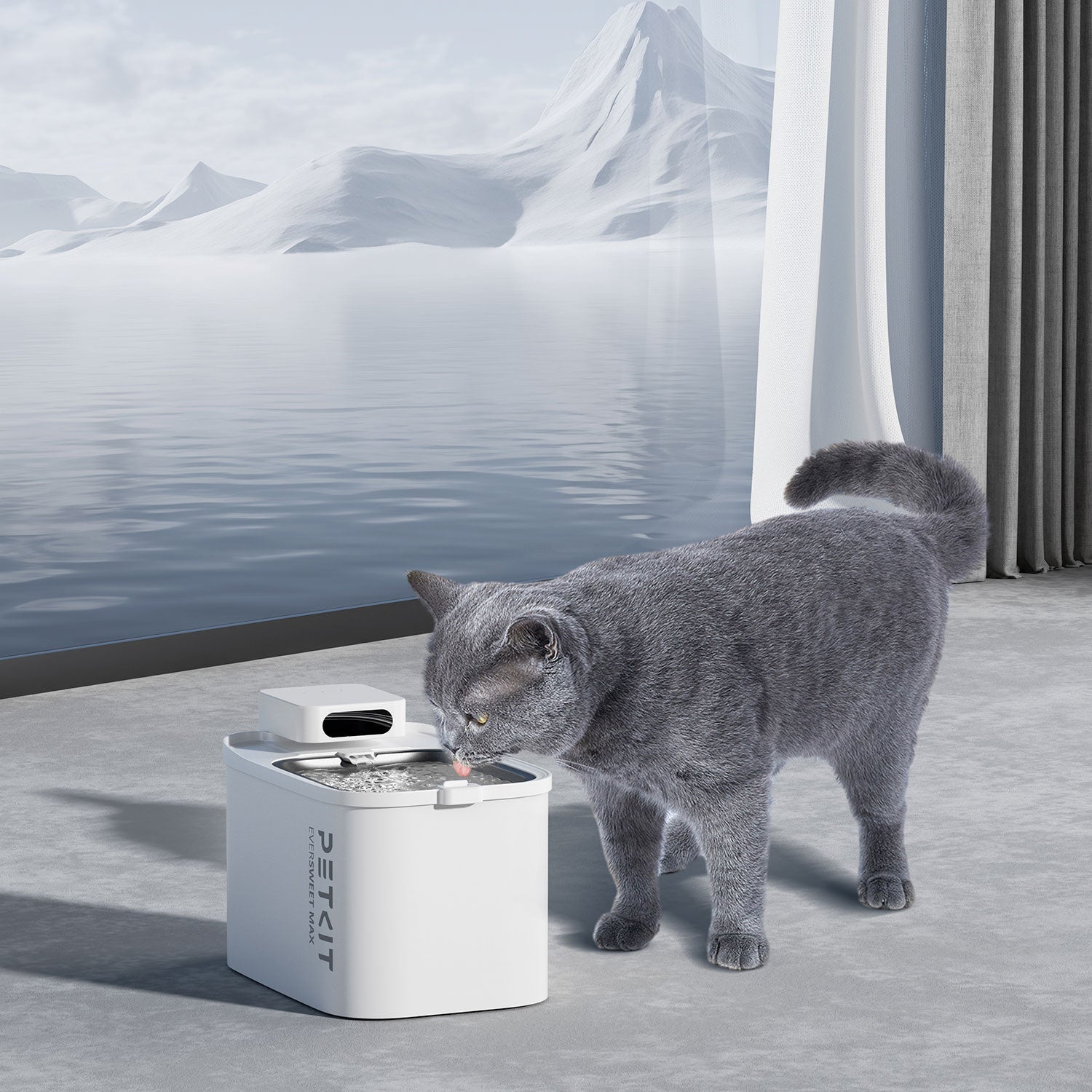 EverSweet Max cordless pet water fountain in use as a cat drinks fresh flowing water