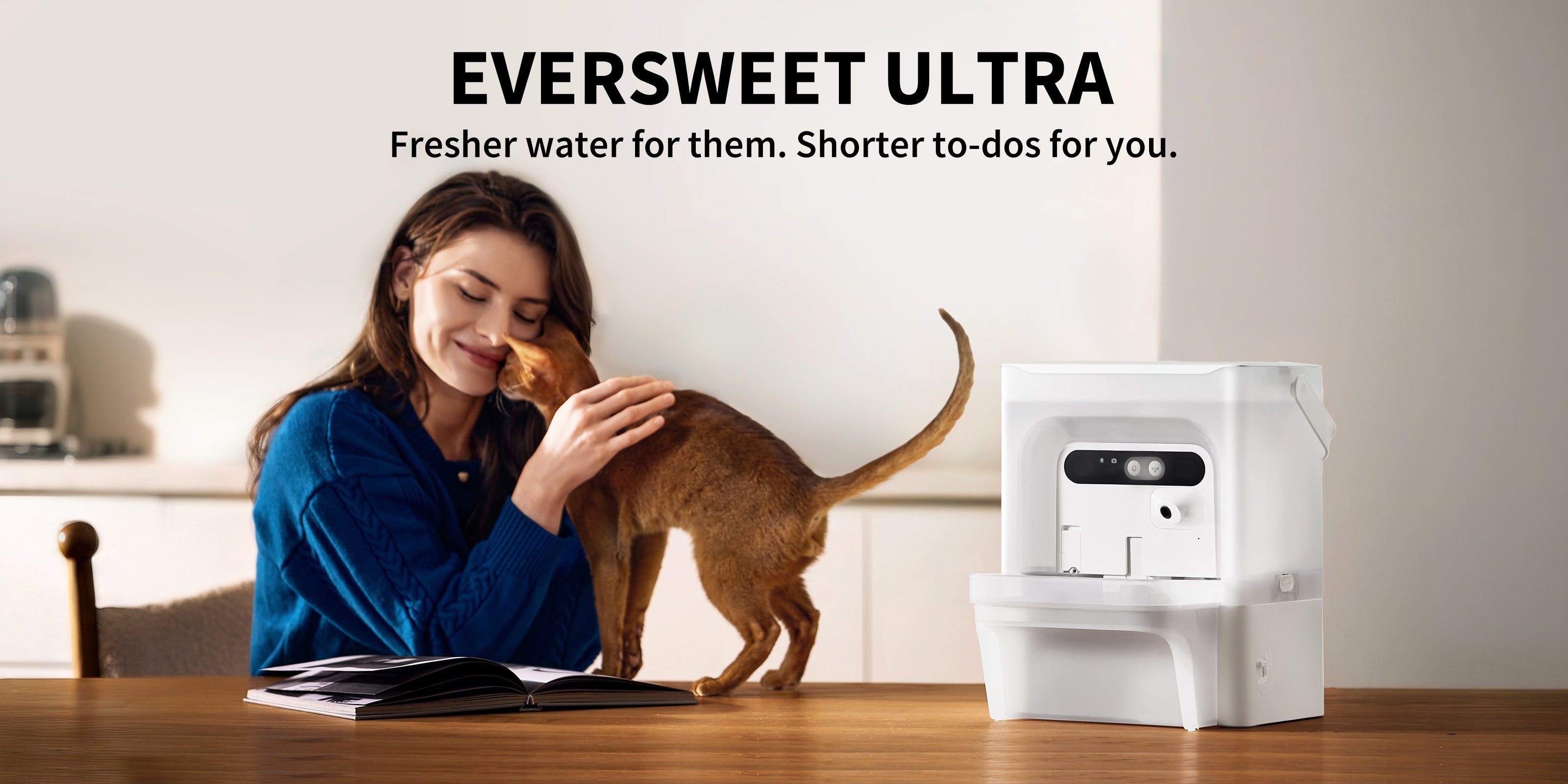 EverSweet Ultra Cat Water Fountain banner showing fresh water benefits and simplified maintenance for pet owners