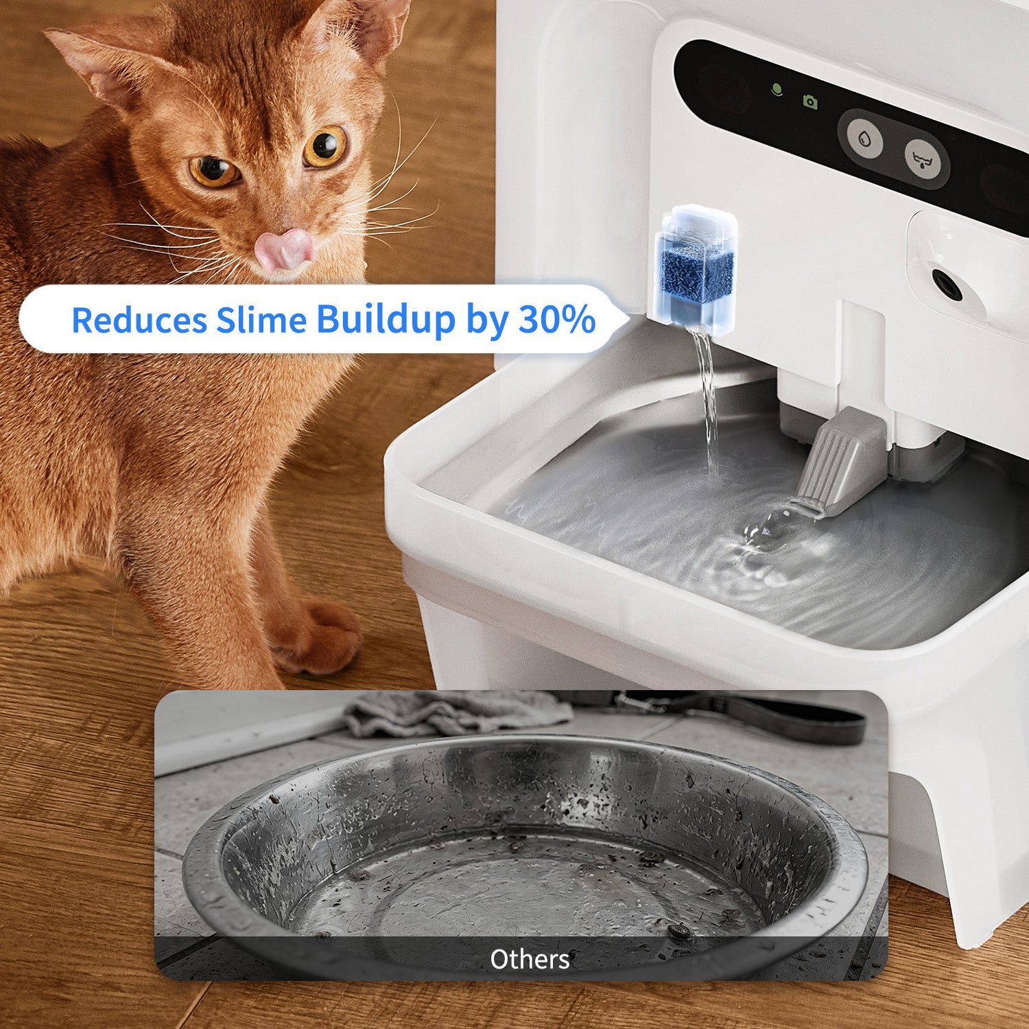 Eversweet Ultra Cat Water Fountain Cube C reduces slime buildup by 30%, keeping tank surfaces cleaner for longer and easing deep-cleaning chores