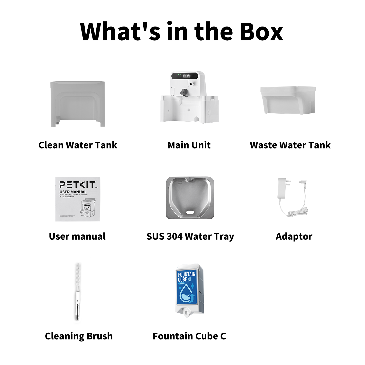 EverSweet Ultra Cat Water Fountain full package including main unit, clean & waste water tank, SUS 304 tray, user manual, adapter, cleaning brush, and Fountain Cube C