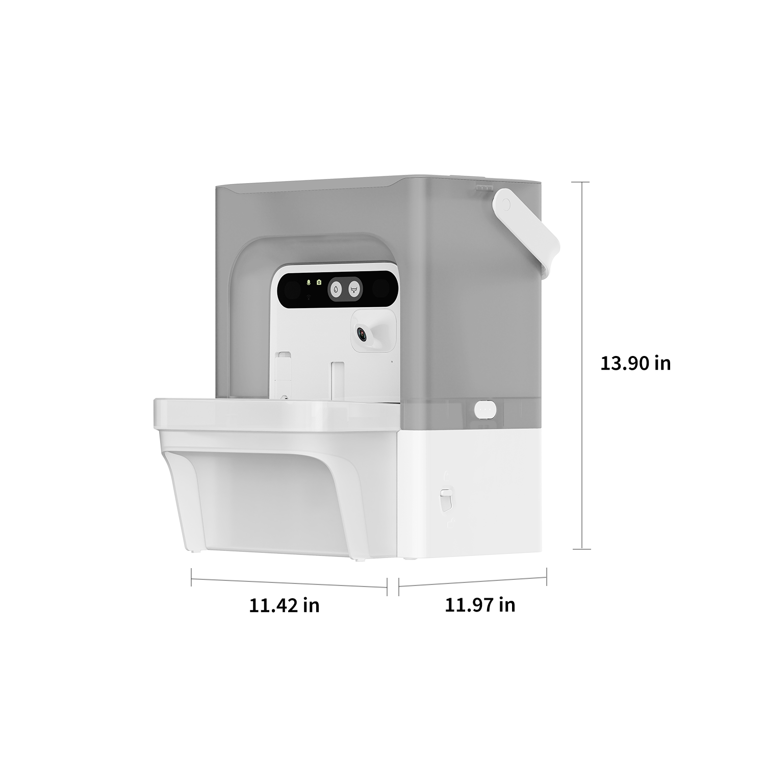EverSweet Ultra Cat Water Fountain showing dimensions 11.96 × 11.41 × 13.89 inches for accurate size reference