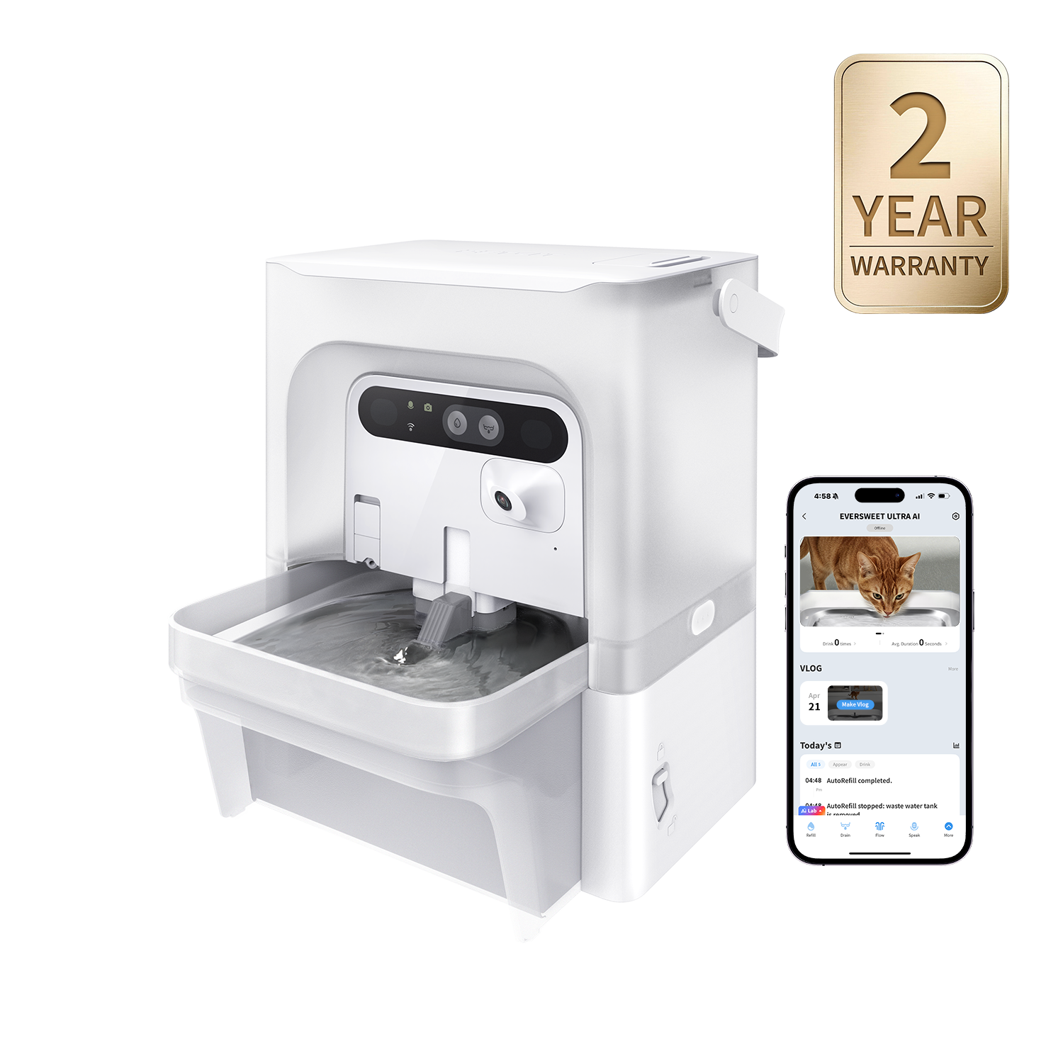 PETKIT EverSweet Ultra cat water fountain, cat water dispenser, app control interface displayed on smartphone for remote control
