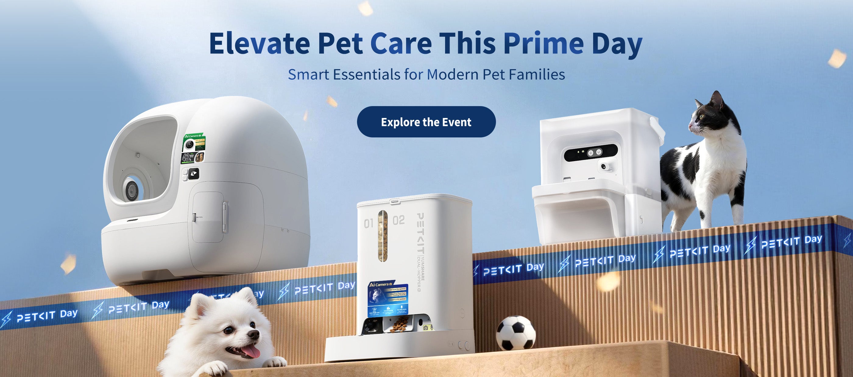 A Prime Day promotion for smart pet care products featuring images of cats and dogs against a blue sky background.