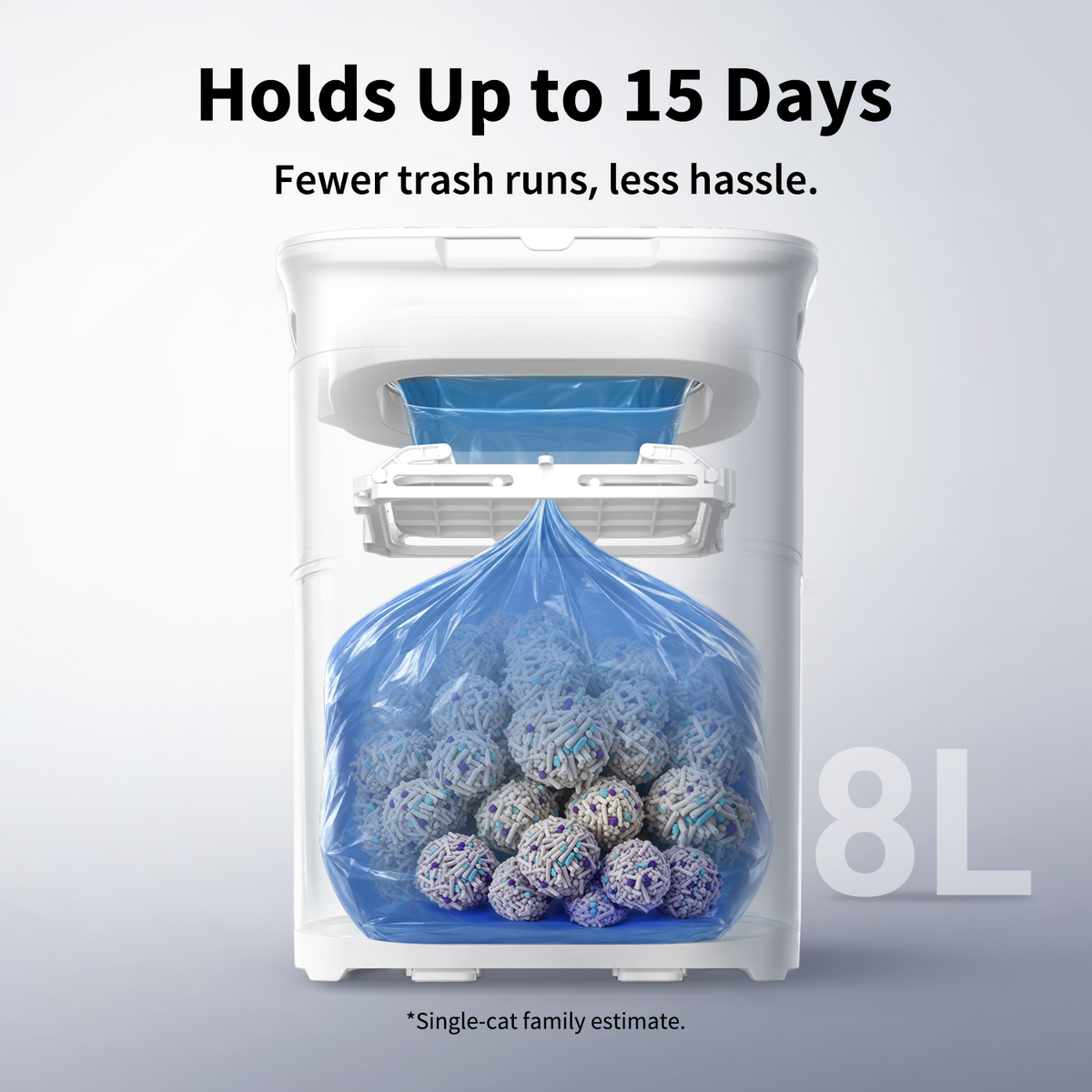 PETKIT AutoSeal Cat Litter Disposal System with 8L waste storage capacity, reducing frequent trash disposal for single-cat households