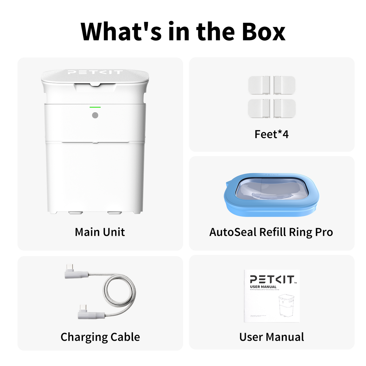 PETKIT AutoSeal Cat Litter Disposal System package including main unit, AutoSeal Refill Ring Pro, charging cable, anti-tip feet and user manual