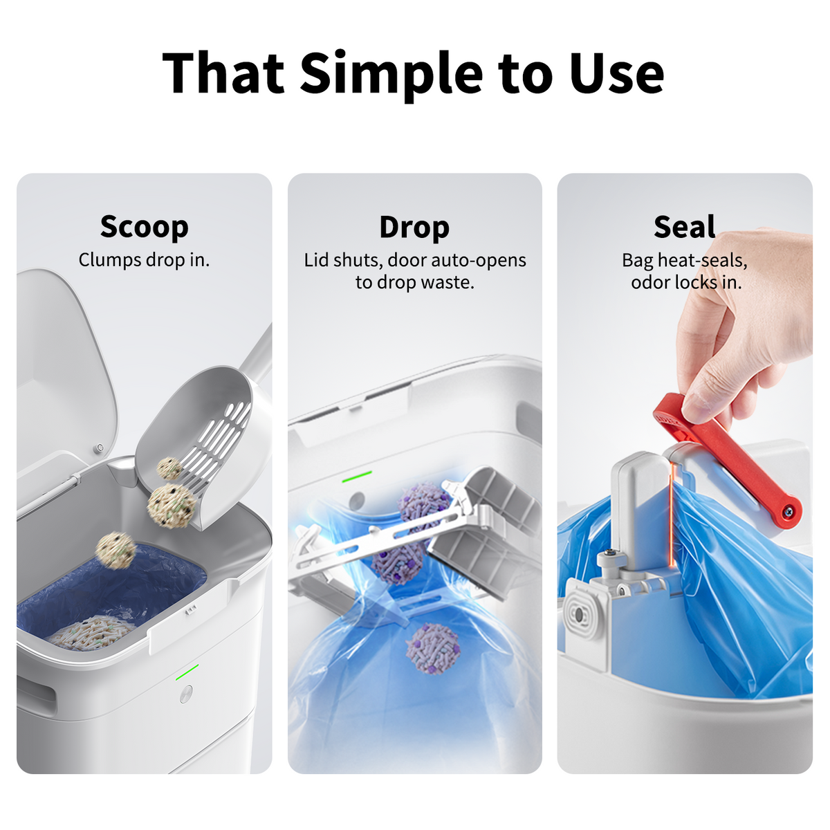 PETKIT AutoSeal Cat Litter Disposal System showing a simple scoop-to-seal process, where cat litter waste drops into the bin and gets sealed to contain odor