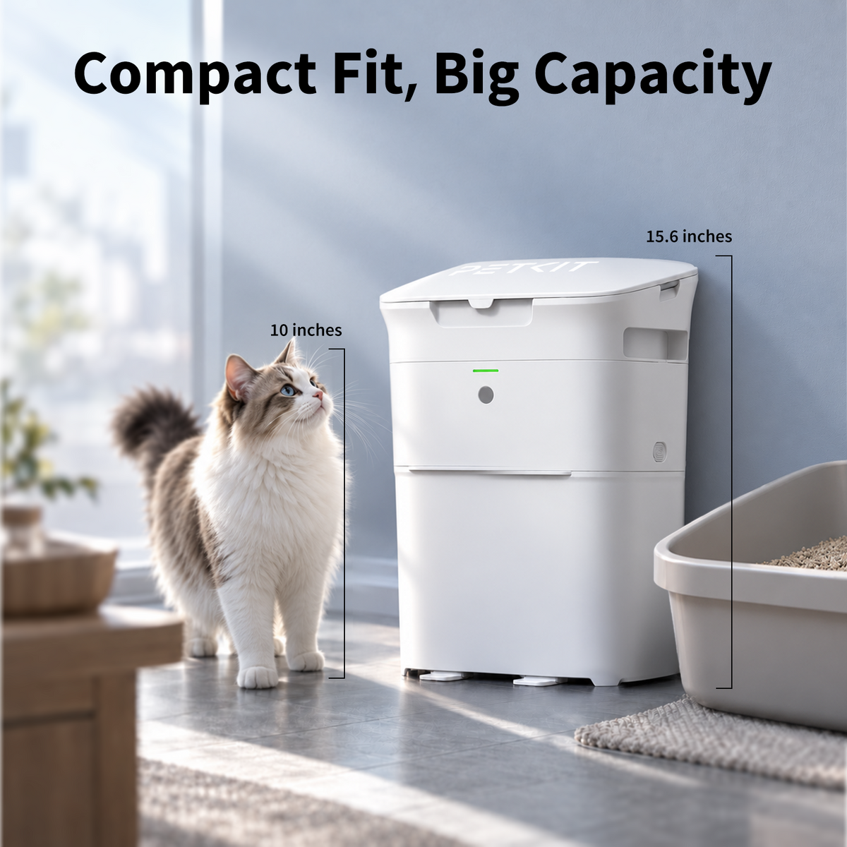 PETKIT AutoSeal Cat Litter Disposal System with compact dimensions and large waste capacity for convenient placement at home