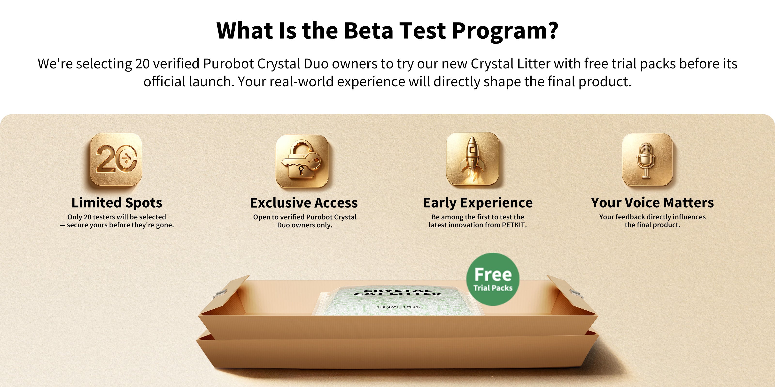PETKIT crystal litter beta test program inviting verified Purobot Crystal Duo owners to trial the new litter and shape the final product