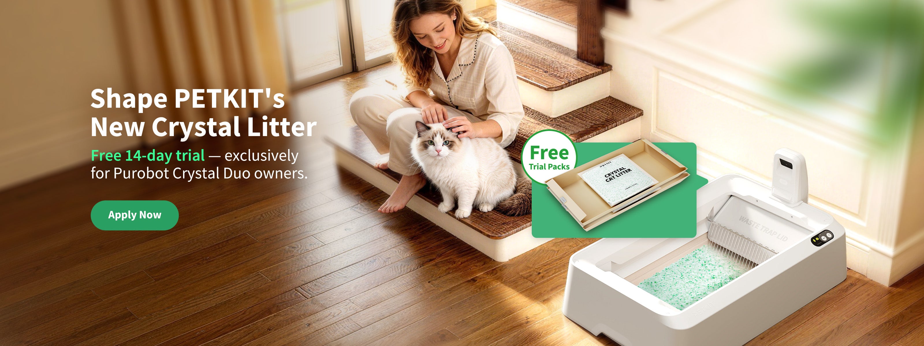 Cat owner using Purobot Crystal Duo automatic litter box at home with cat and crystal litter in a clean modern living space