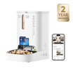 PETKIT YumShare Dual-Hopper 2 automatic pet feeder with camera for real-time monitoring with a smartphone displaying app interface on a white background, featuring a 2-year warranty badge.