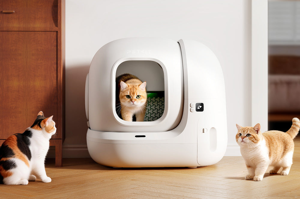 White PETKIT PuraMax 2 automatic litter box in a home with cats