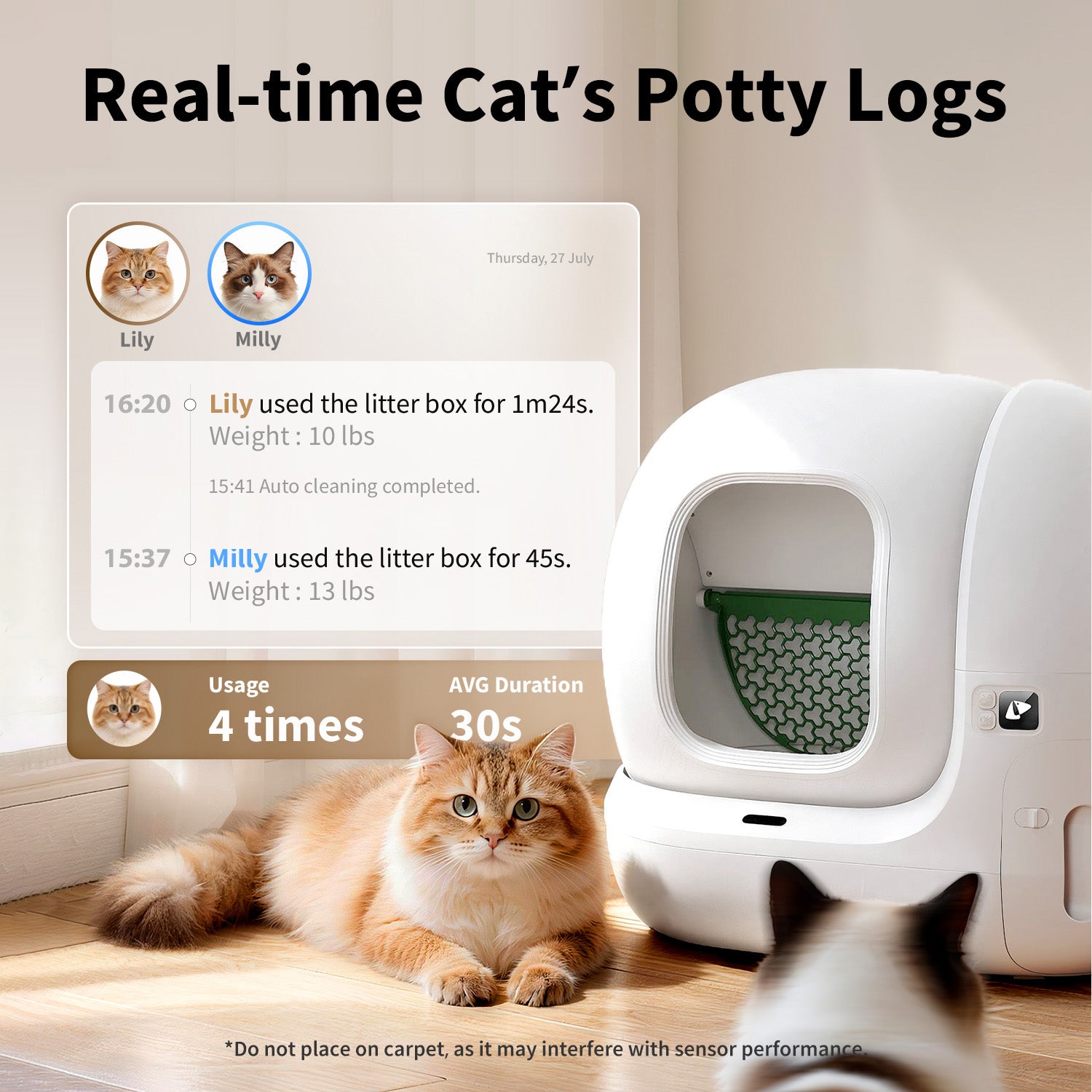 PuraMax 2 Automatic Cat Litter Box real-time potty log tracking shown on the PETKIT app, including visit times and duration