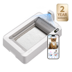 PUROBOT CRYSTAL DUO automatic cat litter box features an open-top design and AI camera with a 2-year warranty badge on a white background