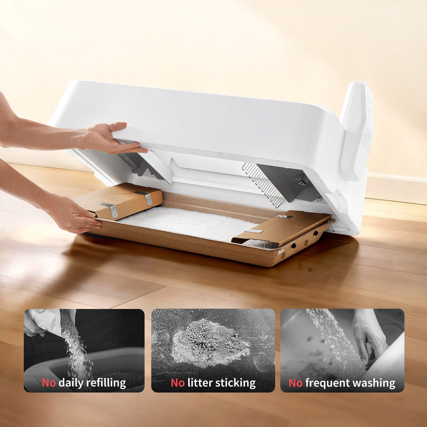 Crystal litter system with disposable tray prevents sticking, eliminates washing, and keeps the litter area fresh with each replacement.