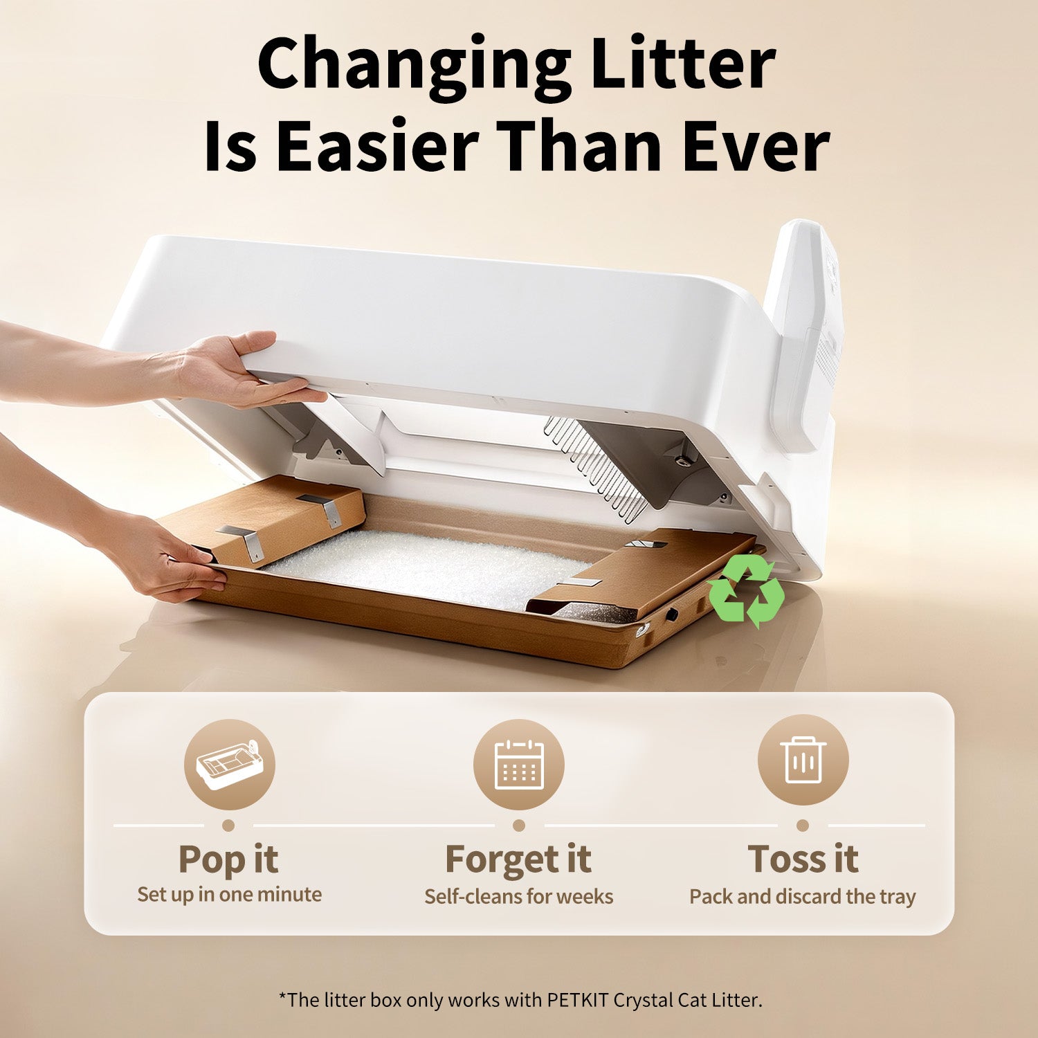 Disposable litter tray system makes litter changes quick and mess-free, with no washing required and weeks of hands-free use.
