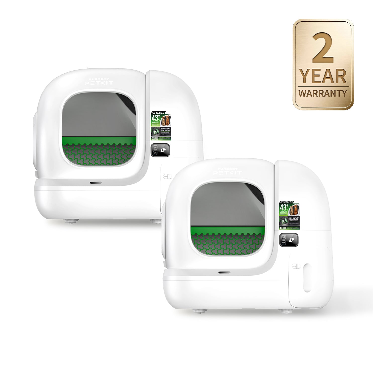 Two Purobot Max 3 Automatic Litter Boxes with a 2-year warranty badge on a white background