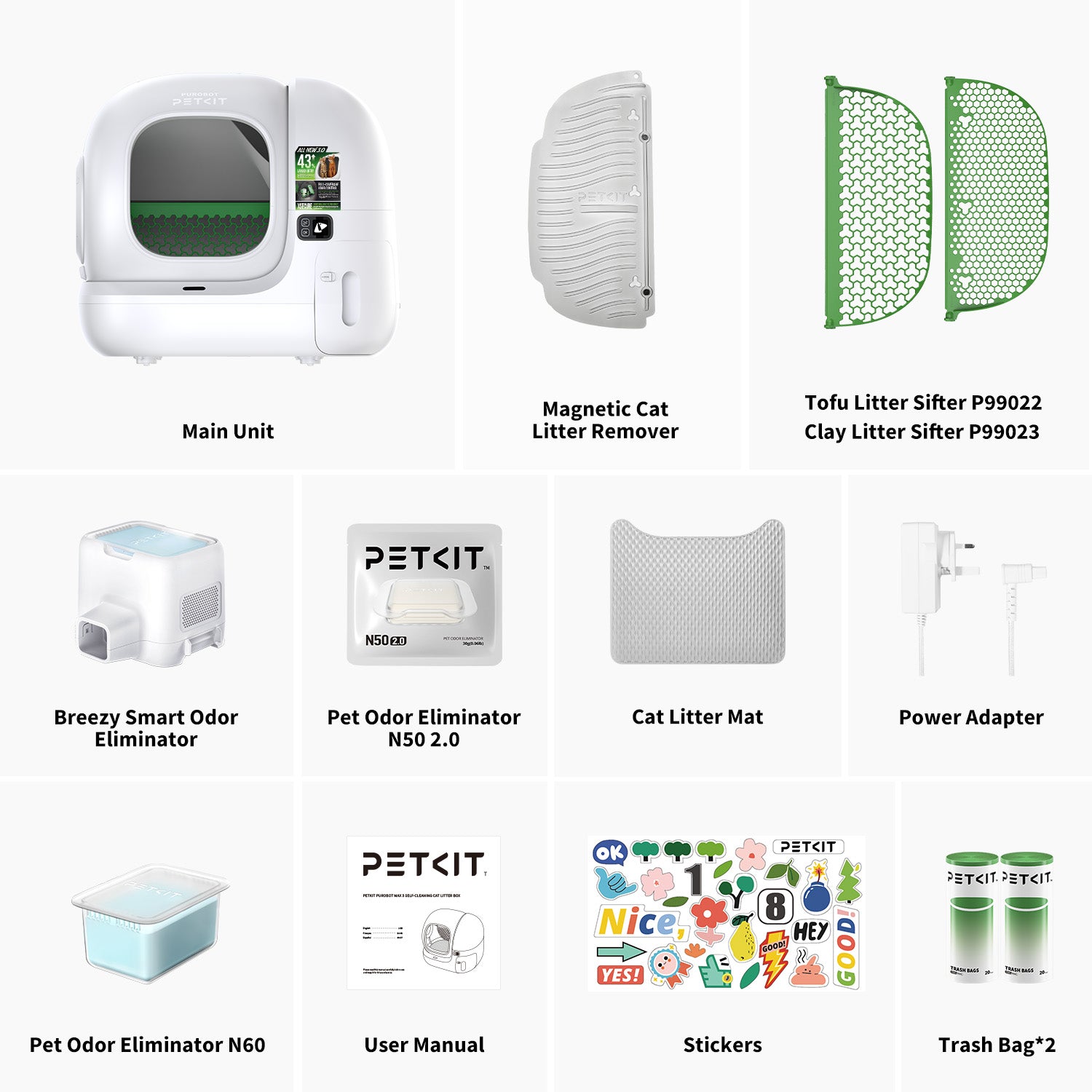 PUROBOT MAX 3 Self Cleaning Litter Box includes full accessory kit supporting installation, maintenance, odor control and daily operation