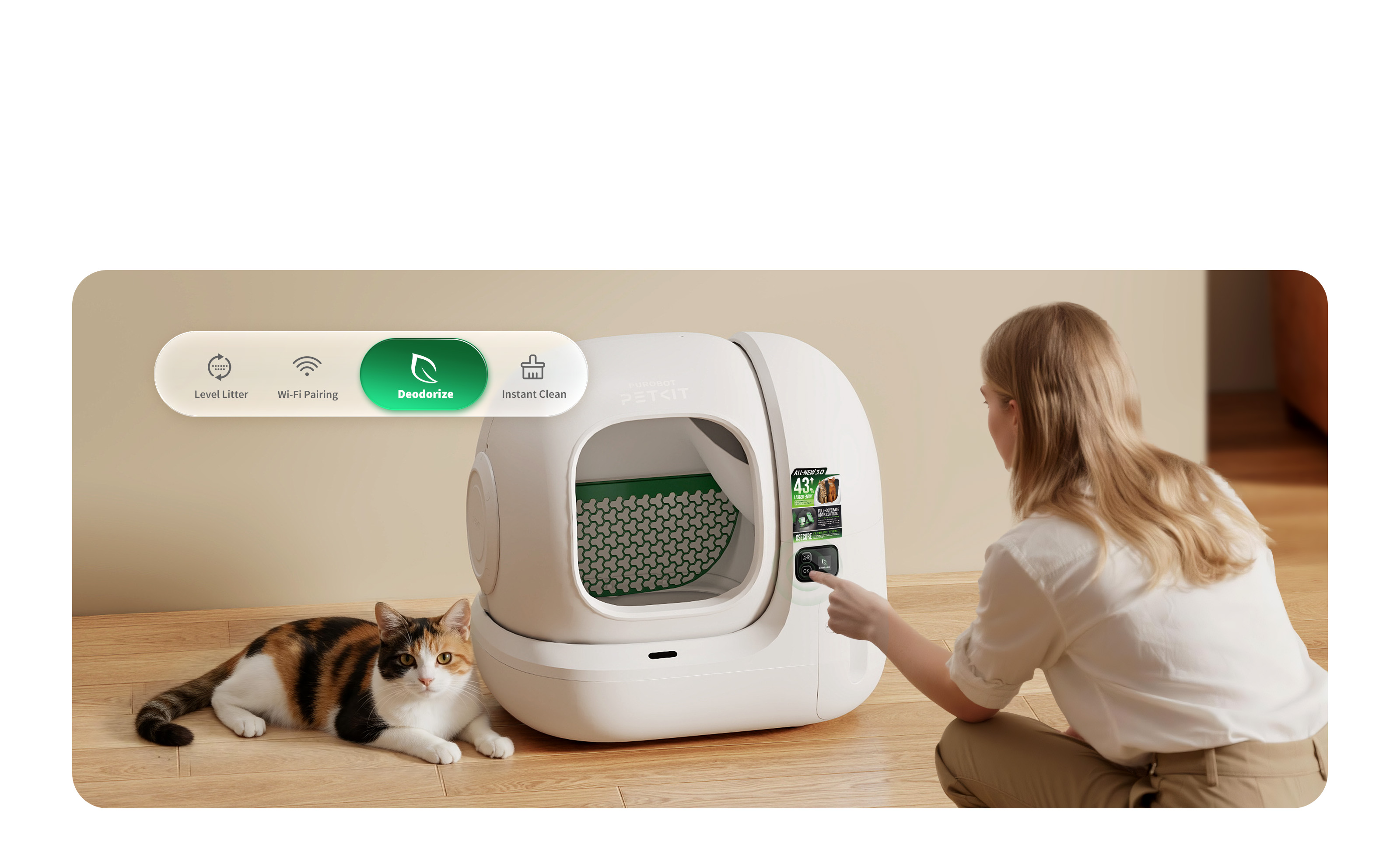 PUROBOT MAX 3 self cleaning litter box with control panel providing quick access to cleaning, deodorizing, and maintenance functions