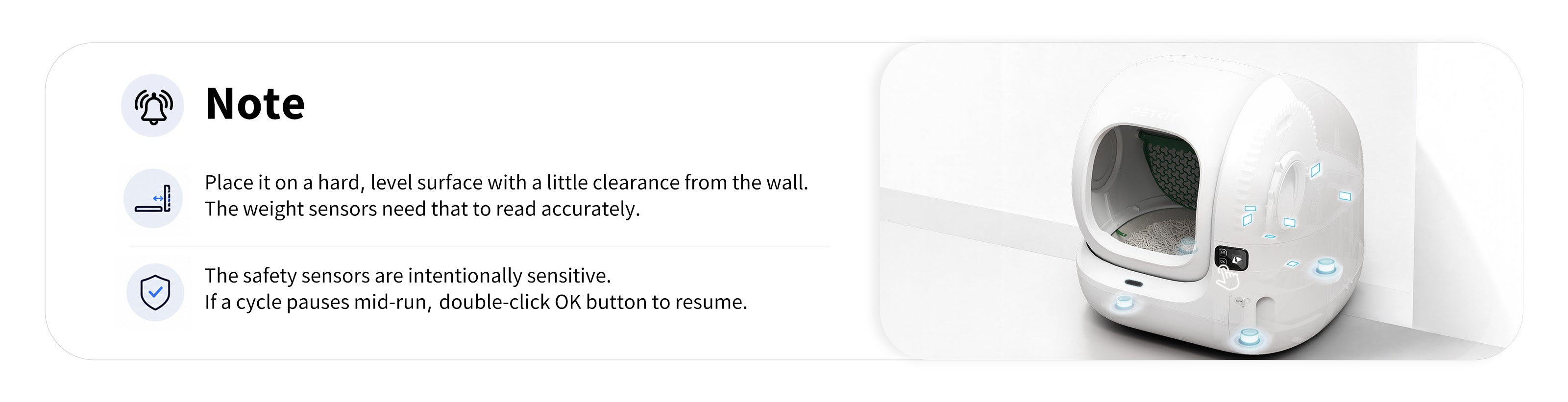 PUROBOT MAX 3 Self-Cleaning Litter Box note on placing the unit on a hard, level surface with wall clearance for accurate weight sensing and sensitive safety sensors that may pause and resume with a double-click OK button.
