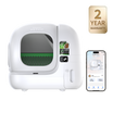 PUROBOT MAX 3 Self Cleaning Litter Box on white background with smartphone app control interface and 2-year warranty badge