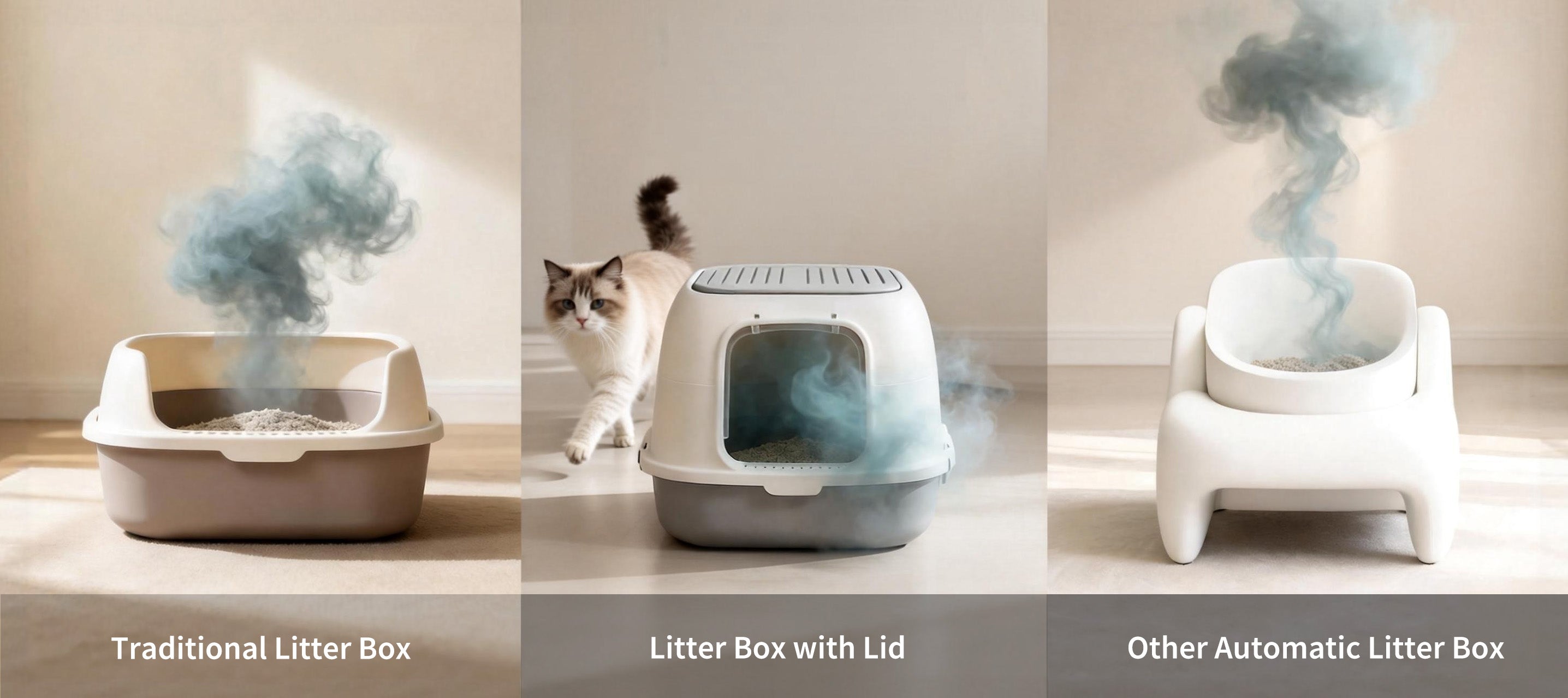 PUROBOT MAX 3 self cleaning litter box compared with traditional litter boxes showing superior odor control performance
