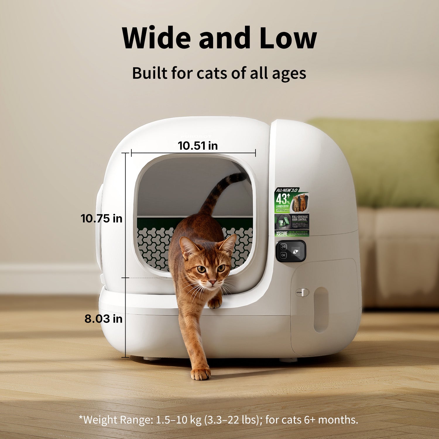 PUROBOT MAX 3 Self Cleaning Litter Box showing wide open low entry design for easy cat access in and out