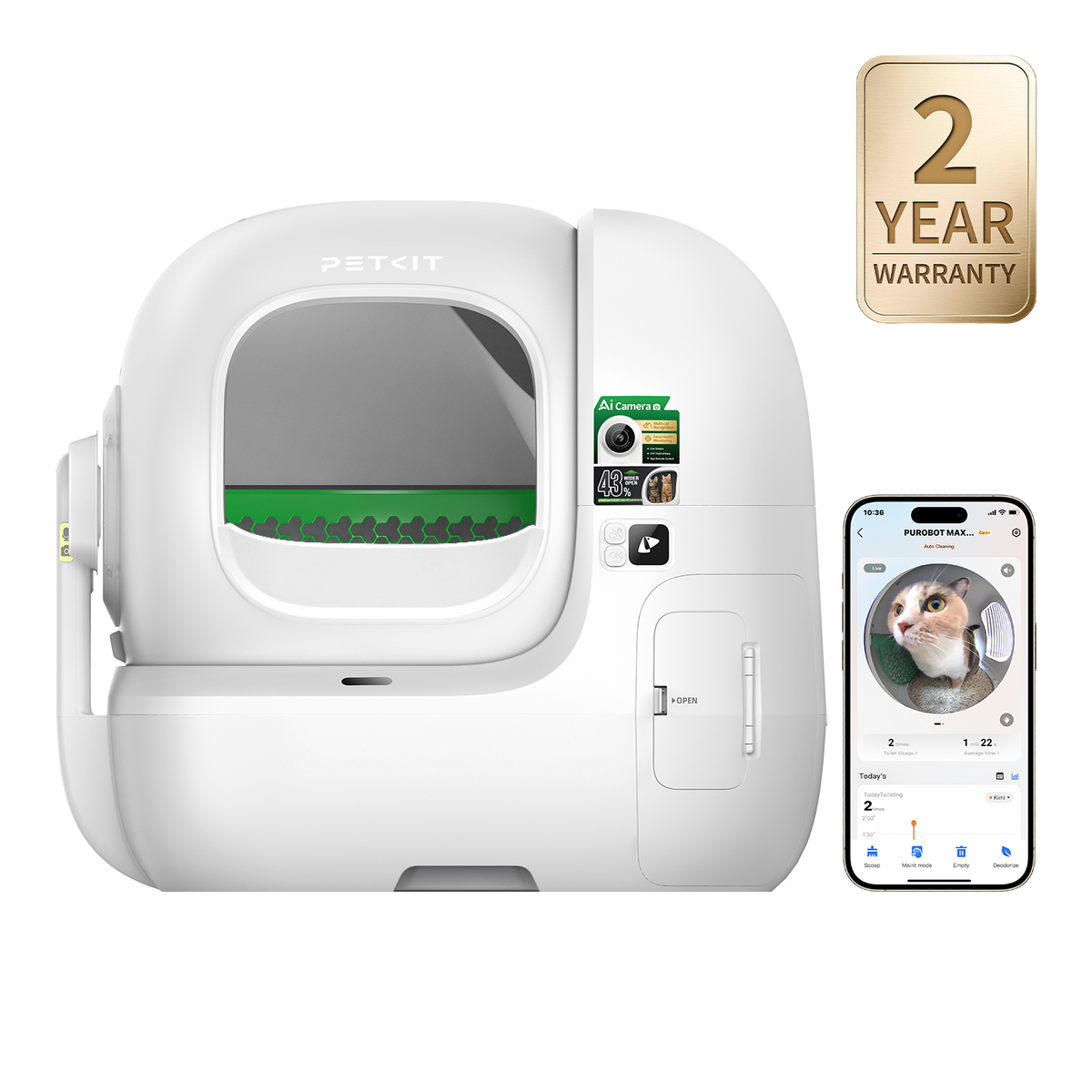 A white Petkit automatic cat litter box shown on a clean white background, alongside a smartphone displaying a cat video feed and a gold '2 YEAR WARRANTY' badge.