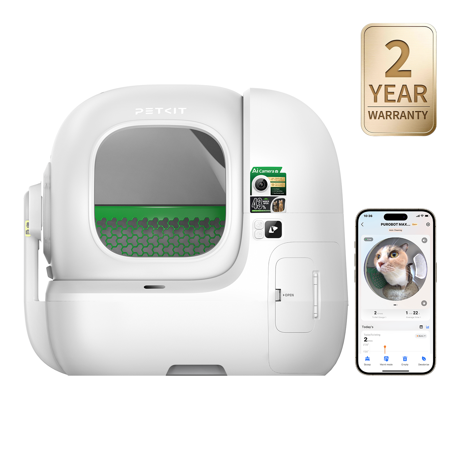 The PUROBOT MAX PRO 2 automatic litter box featuring a 2-year-warranty badge can be controlled via a smartphone app