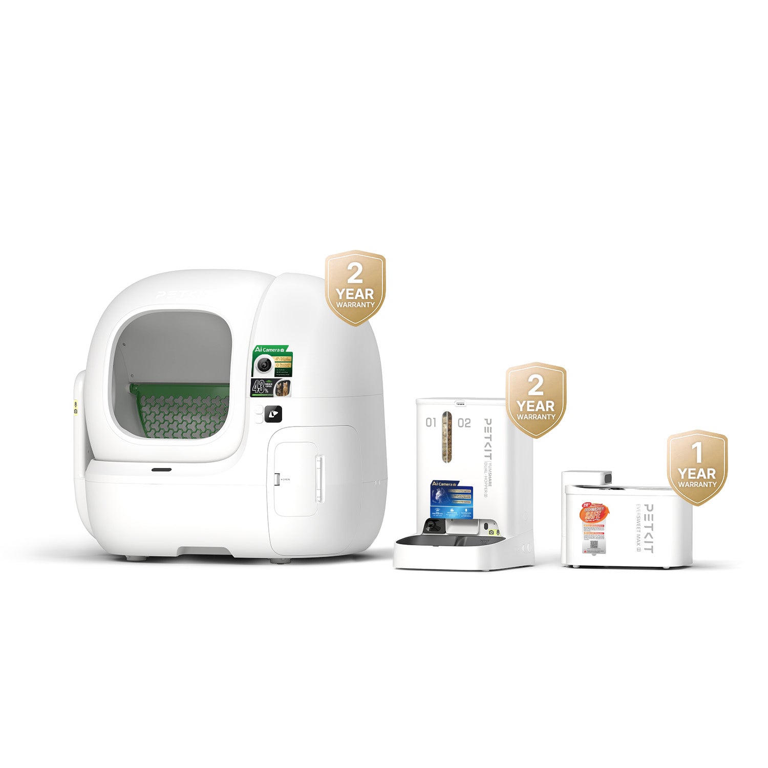 Bundle including Purobot Max Pro 2 automatic cat litter box, YumShare Dual-hopper 2 smart pet feeder, and EverSweet Max 2 UVC pet water fountain