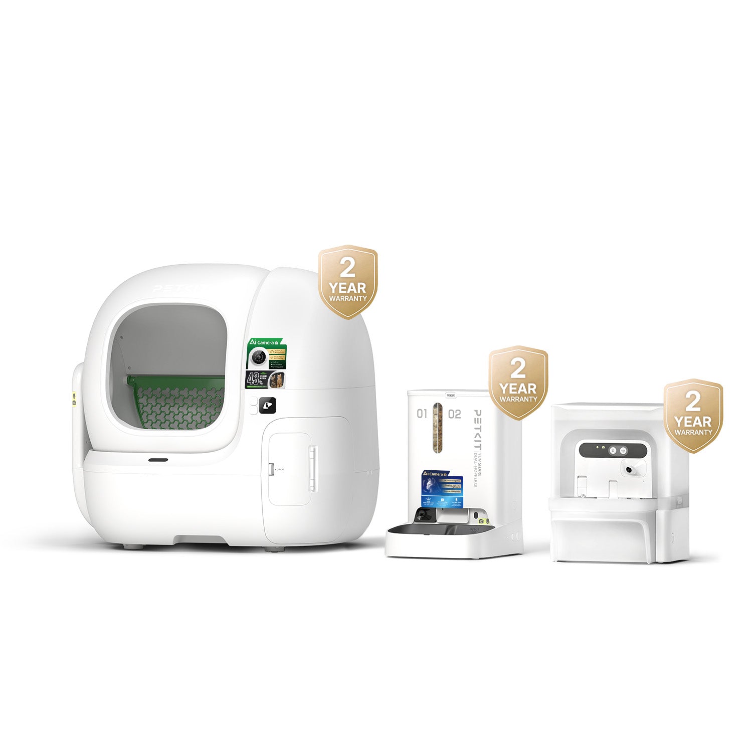 Bundle including Purobot Max Pro 2 automatic cat litter box, YumShare Dual-hopper 2 smart pet feeder, and EverSweet Ultra pet water fountain with camera