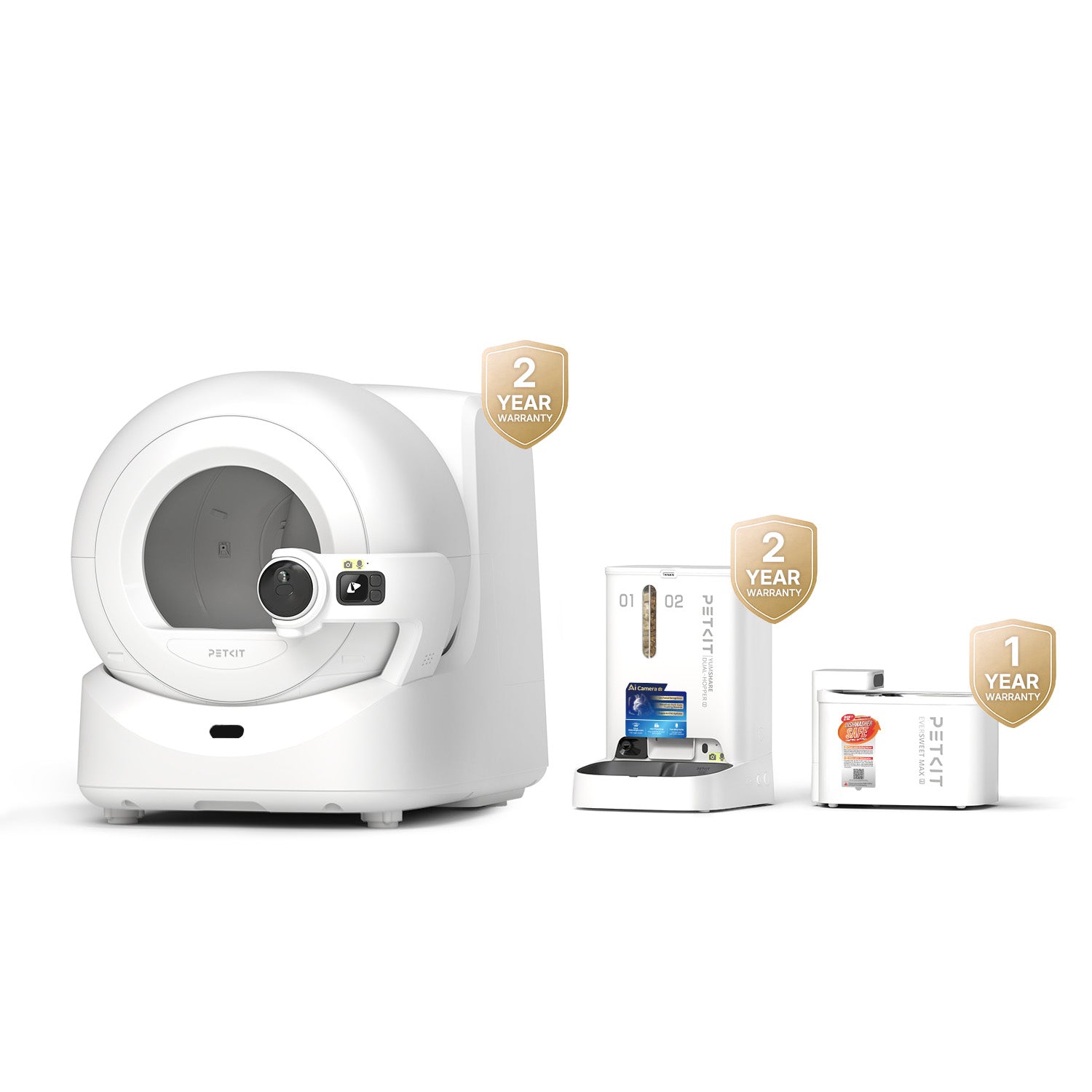 Pet care bundle featuring Purobot Ultra automatic litter box with AI camera, YumShare Dual-hopper 2 feeder, and EverSweet Max 2 UVC water fountain