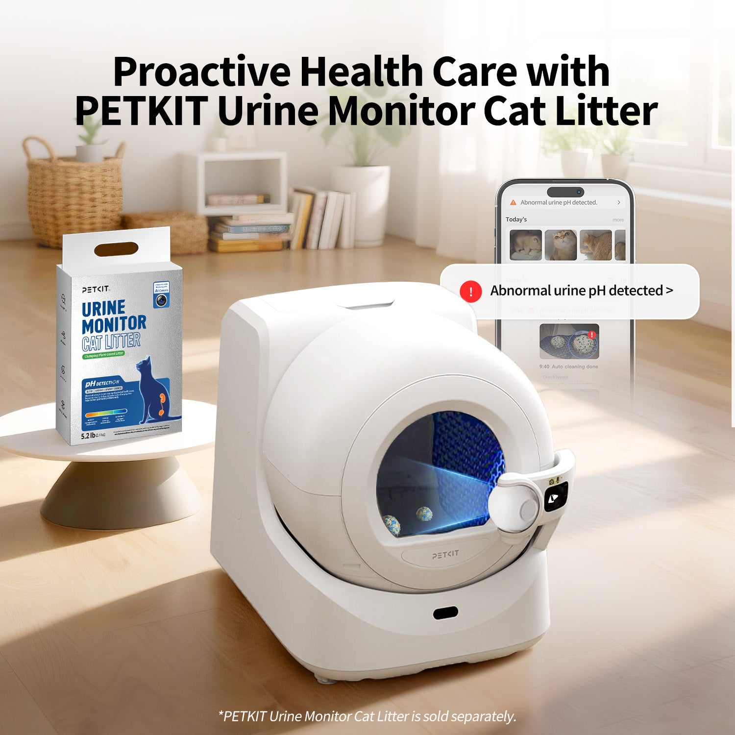Purobot Ultra Automatic Cat Litter Box analyzing litter clumps with PETKIT Urine Monitor Cat Litter, sending app alerts for abnormal urine pH to prevent urinary disease