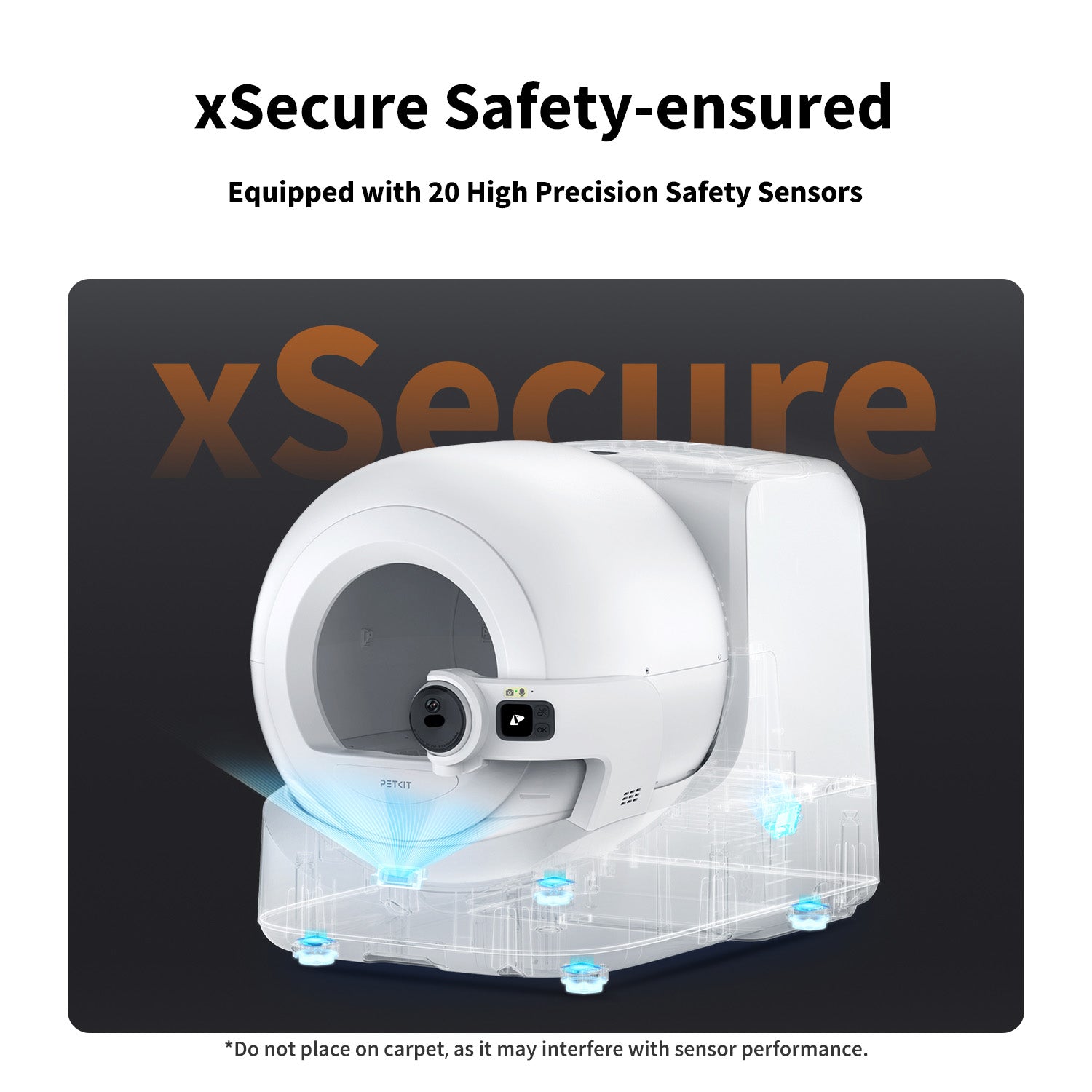 Purobot Ultra Automatic Cat Litter Box with xSecure safety system and 20 high-precision sensors to guarantee 100% pet safety during operation
