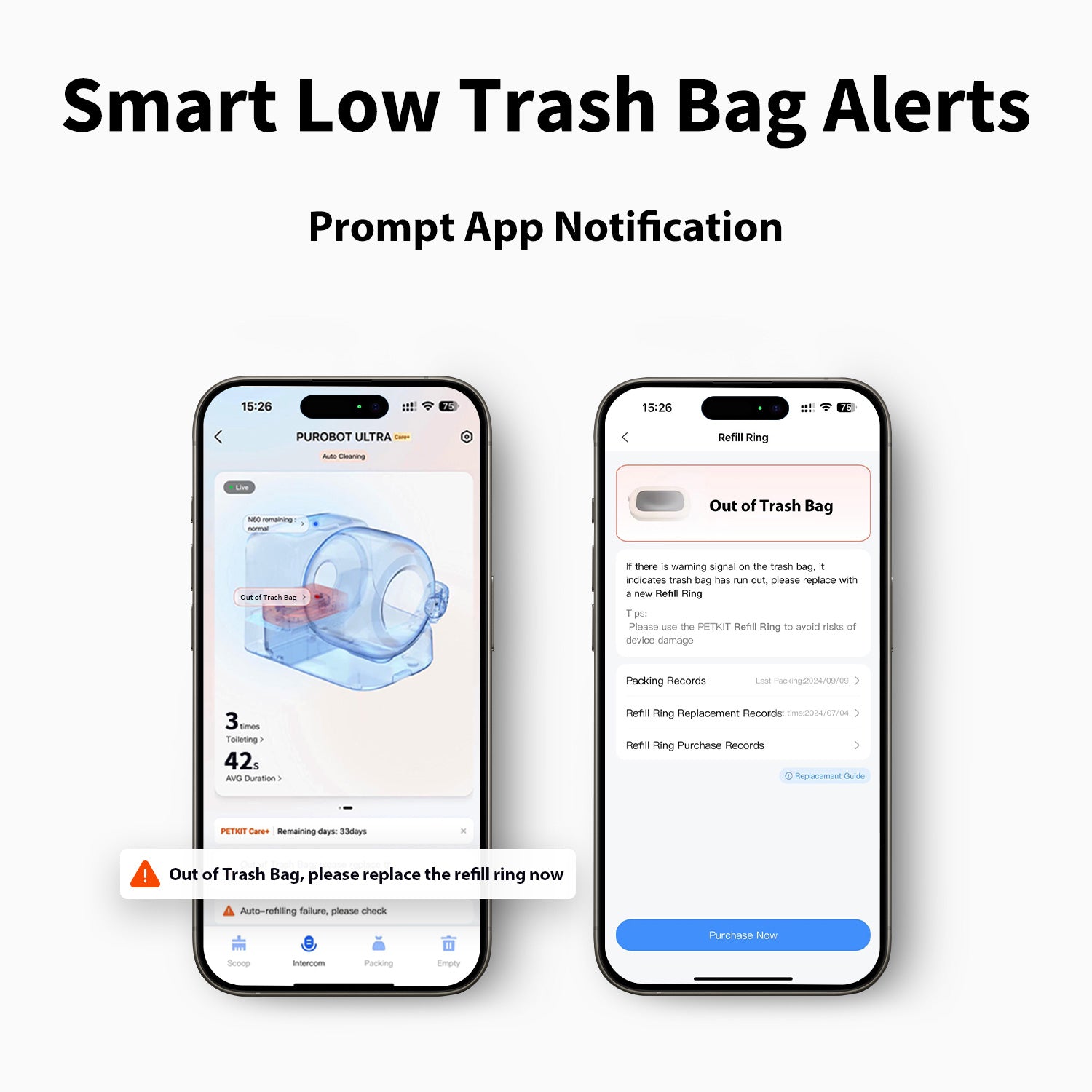 Refill Ring equipped with NFC recognition to trigger timely low-bag alerts via the PETKIT app