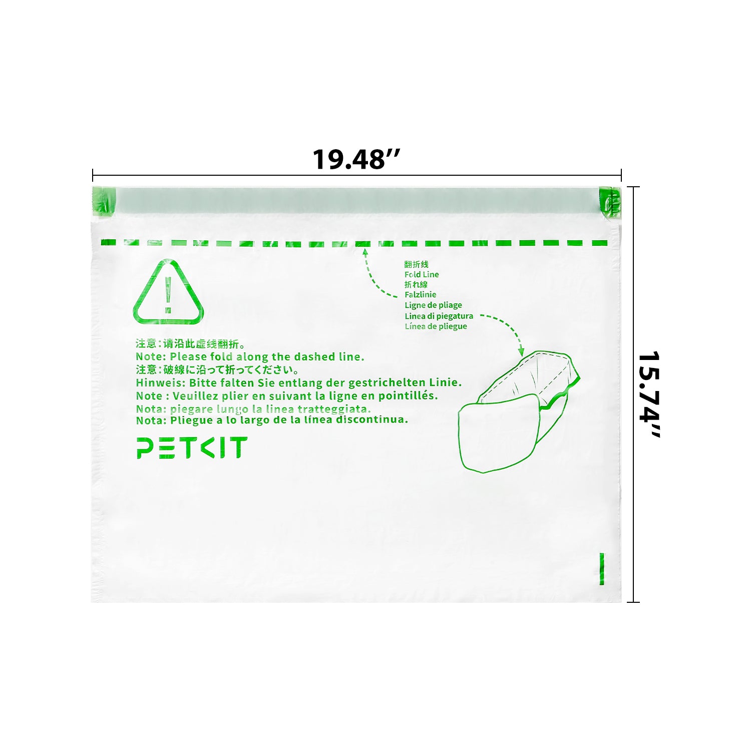 Trash bag size and dimensions shown to illustrate capacity and fit for waste bins