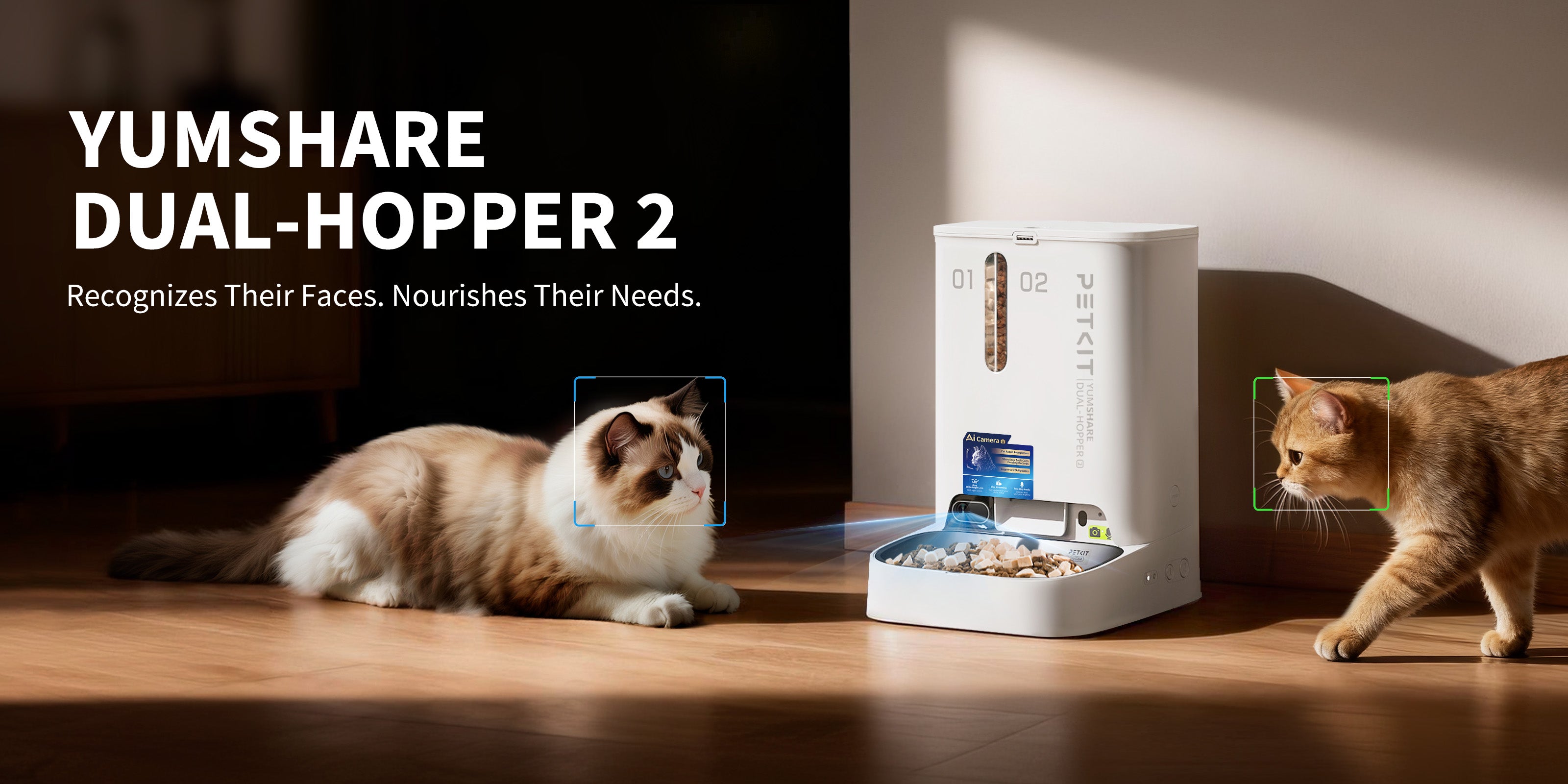PETKIT YumShare Dual-Hopper 2 automatic pet feeder features multi-cat recognition for better health care for per cat.