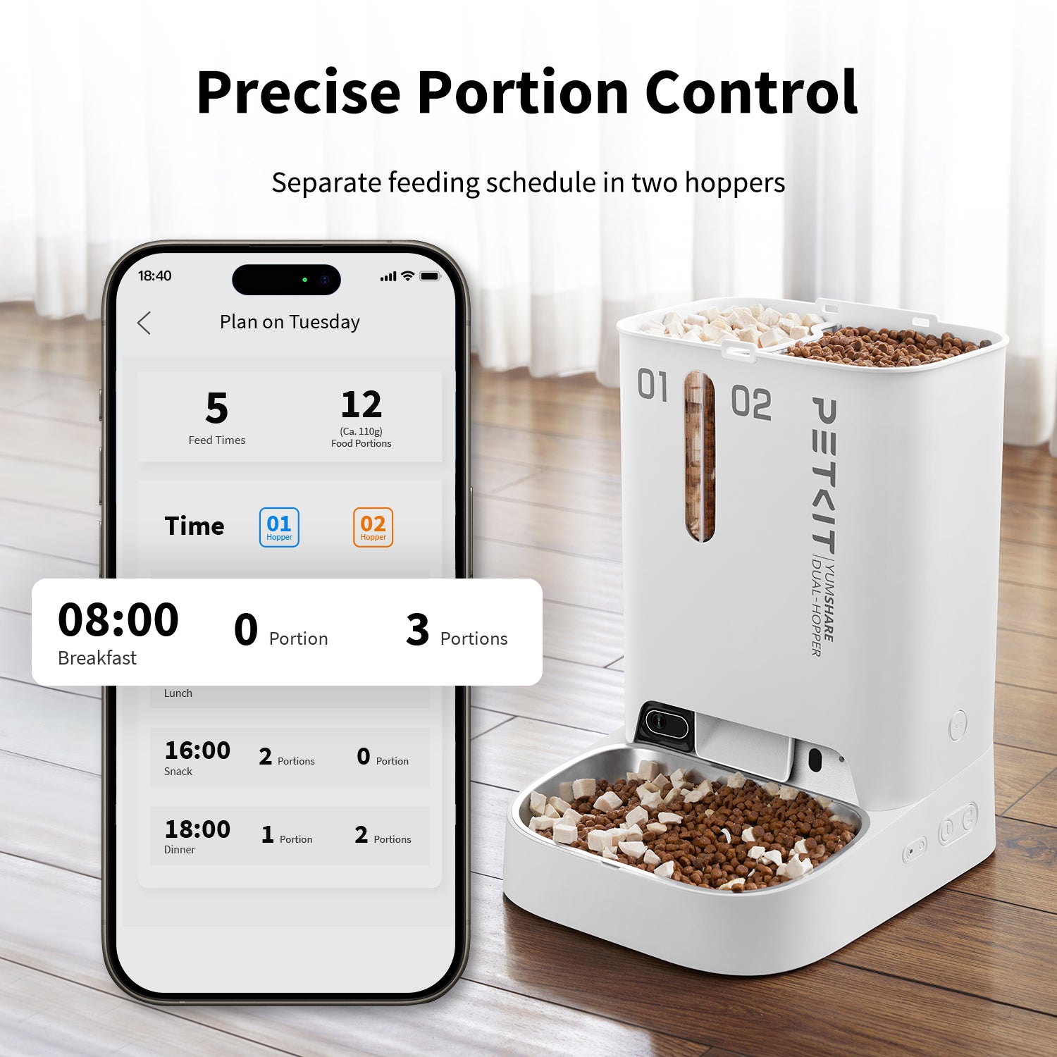 PETKIT YumShare Dual-hopper Automatic Cat Feeder with Camera enabling precise portion control with separate feeding schedules in two hoppers